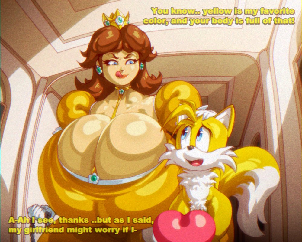 1boy, 1girls, angelauxes, big breasts, blue eyes, brown hair, censored penis, cheating, cheating (relationship), cheating female, cheating girlfriend, crossover, curvy female, curvy figure, edit, english commentary, english dialogue, english text, female human, filtered background, fox, fox boy, furry male, heart censor, human, human female, imminent sex, interspecies, looking at penis, male anthro/female human, mario (series), mario bros, netorare, nintendo, ntr, part2, princess, princess daisy, royalty, seductive look, seductive smile, sega, size difference, smaller male, sonic (series), sonic the hedgehog (series), tagme, tails the fox, talking, talking to partner, tall female, video game character, yellow body, yellow dress, yellow fur