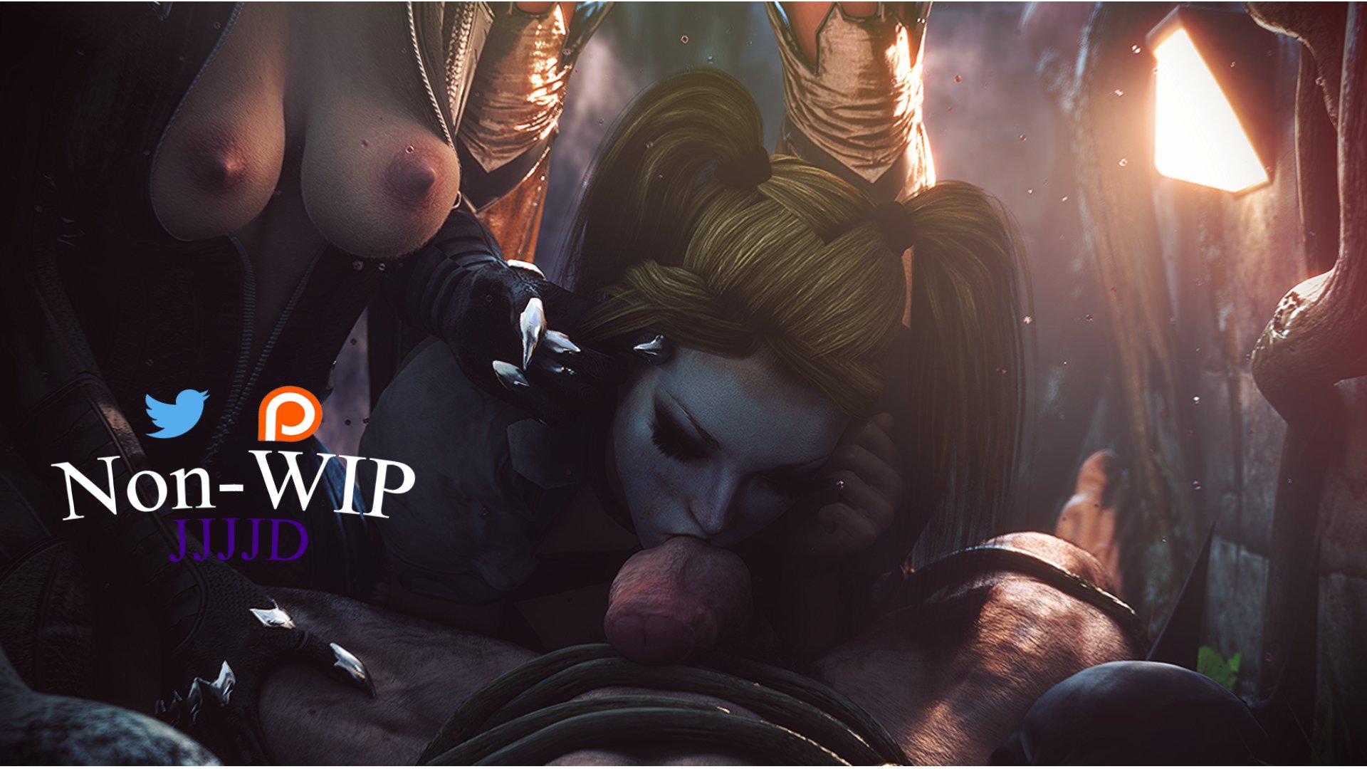 3d, 4girls, athletic, athletic male, batgirl, batgirl (arkham knight), batman (series), batman: arkham knight, big penis, blonde hair, bodysuit, bondage, breasts, breasts out, catwoman, catwoman (arkham knight), catwoman (arkham), dc, dc comics, detailed background, domination, dubious consent, facepaint, female, female focus, femdom, ffffm fivesome, fivesome, flaccid, foreskin, genitals, hand on thigh, harley quinn, harley quinn (arkham knight), harley quinn (arkham), huge cock, jjjjd, kissing, kissing penis, light skin, light-skinned female, light-skinned male, lightning, lipstick, male, male pov, multiple females, multiple girls, muscular, muscular male, muscular thighs, nipples, open bodysuit, open clothes, pale skin, pale-skinned female, pale-skinned male, pamela isley, penis, poison ivy, poison ivy (arkham knight), poison ivy (arkham), pov, seduction, selina kyle, submissive, tentacle, tentacle bondage, thick penis, thick thighs, tied, tied up, twintails, uncircumcised, uncut