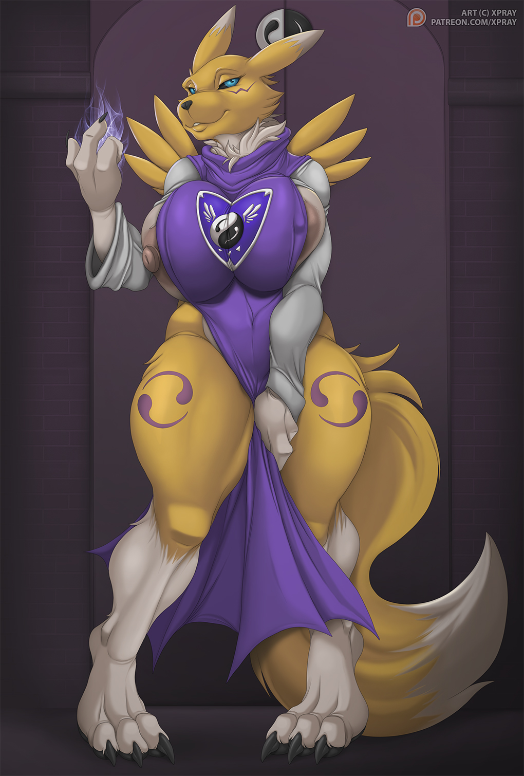 2021, 3 fingers, 3 toes, anthro, areola, areola slip, bandai namco, big breasts, black sclera, blue eyes, breasts, canid, canine, claws, clothed, clothing, cosplay, crossover, crossover cosplay, digimon, digimon (species), digital media (artwork), dipstick ears, dipstick tail, ear markings, facial markings, feet, female, fingers, fox, fur, fusion, head markings, hi res, mammal, markings, multicolored body, multicolored ears, multicolored fur, multicolored tail, nipple outline, nipple slip, nipples, renamon, solo, tail, tail markings, text, toe claws, toes, toriel, tuft, two tone body, two tone fur, undertale, undertale (series), url, white body, white fur, xpray, yellow body, yellow fur