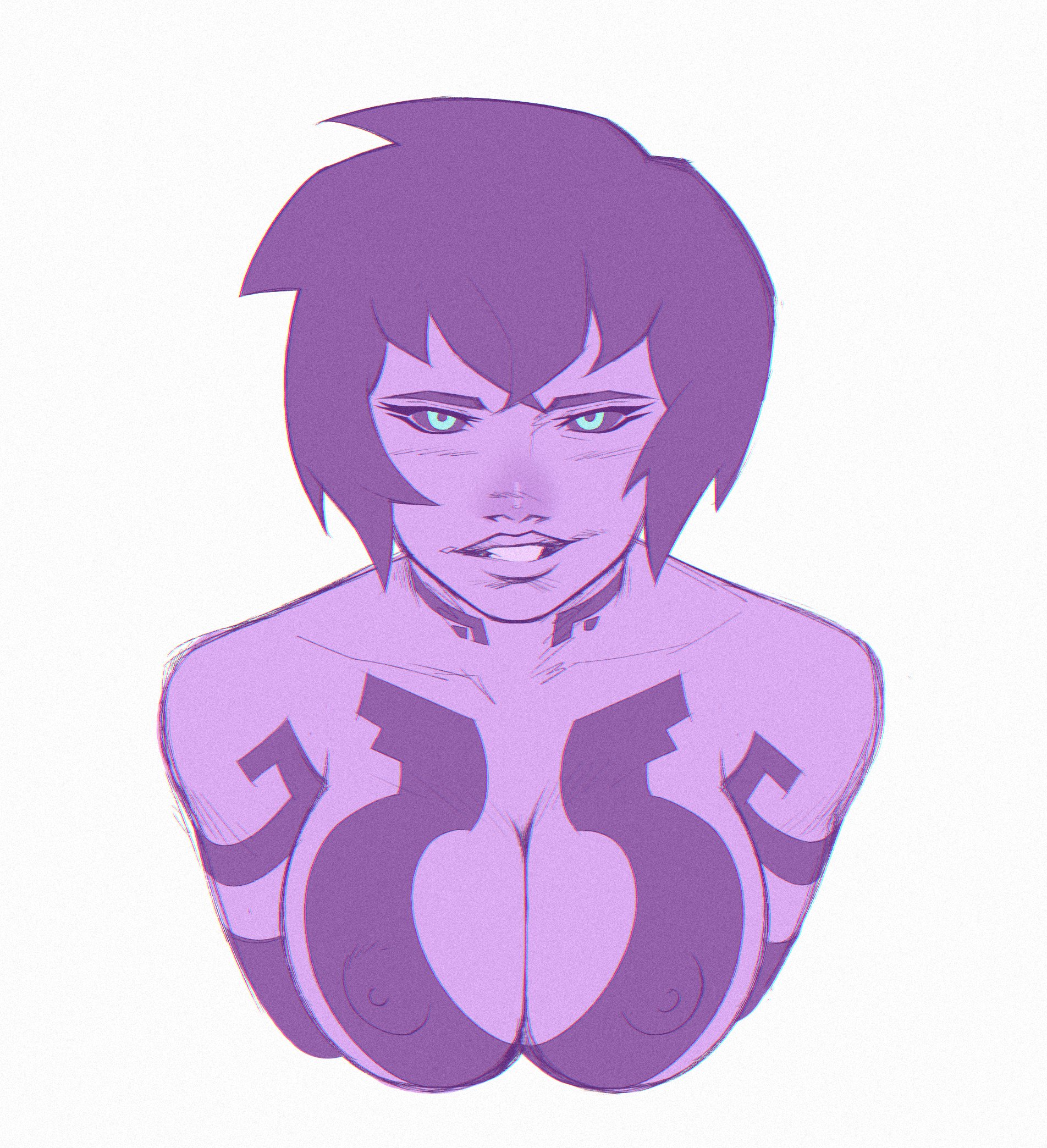 1girls, 343 industries, areolae, black sclera, blue eyes, body markings, breasts, bungie, bust, bust portrait, cortana, cortana v1, dark sclera, halo (series), halo ce, hips, hologram, large breasts, looking at viewer, lowpolybrain (artist), microsoft, nipples, purple body, purple hair, short hair, simple background, smile, smiling at viewer, teeth, teeth showing, waist not visible, white background