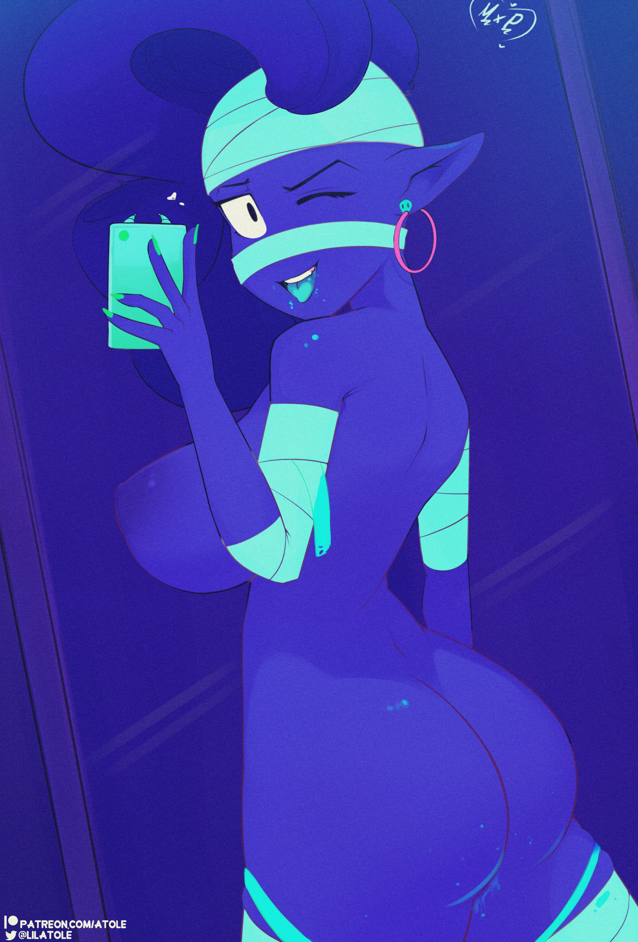 1girls, 2021, ass, big ass, blacklight, brawl stars, breasts, emz (brawl stars), female, female only, girl, holding phone, lilatole, neon lights, one eye closed, open mouth, patreon username, selfie, shaded, showing ass, showing breasts, smile, smiling at viewer, taking picture, twitter username