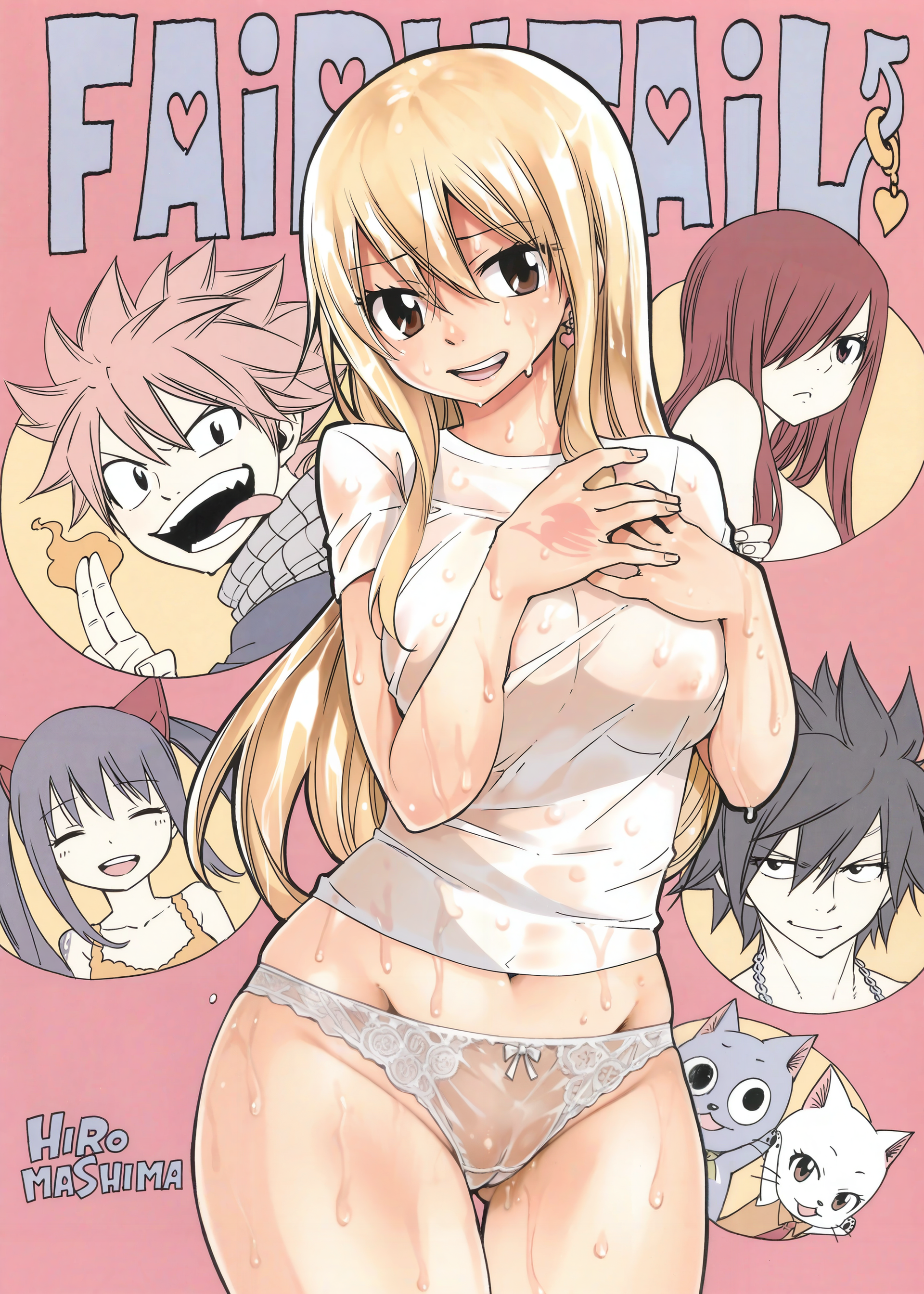brown eyes, carla (fairy tail), earrings, edited, erza scarlet, fairy tail, gray fullbuster, hair down, happy (fairy tail), long hair, lucy heartfilia, mashima hiro, natsu dragneel, see-through clothing, see-through panties, upscaled, wendy marvell, wet, wet body, wet clothes, wet panties, wet skin