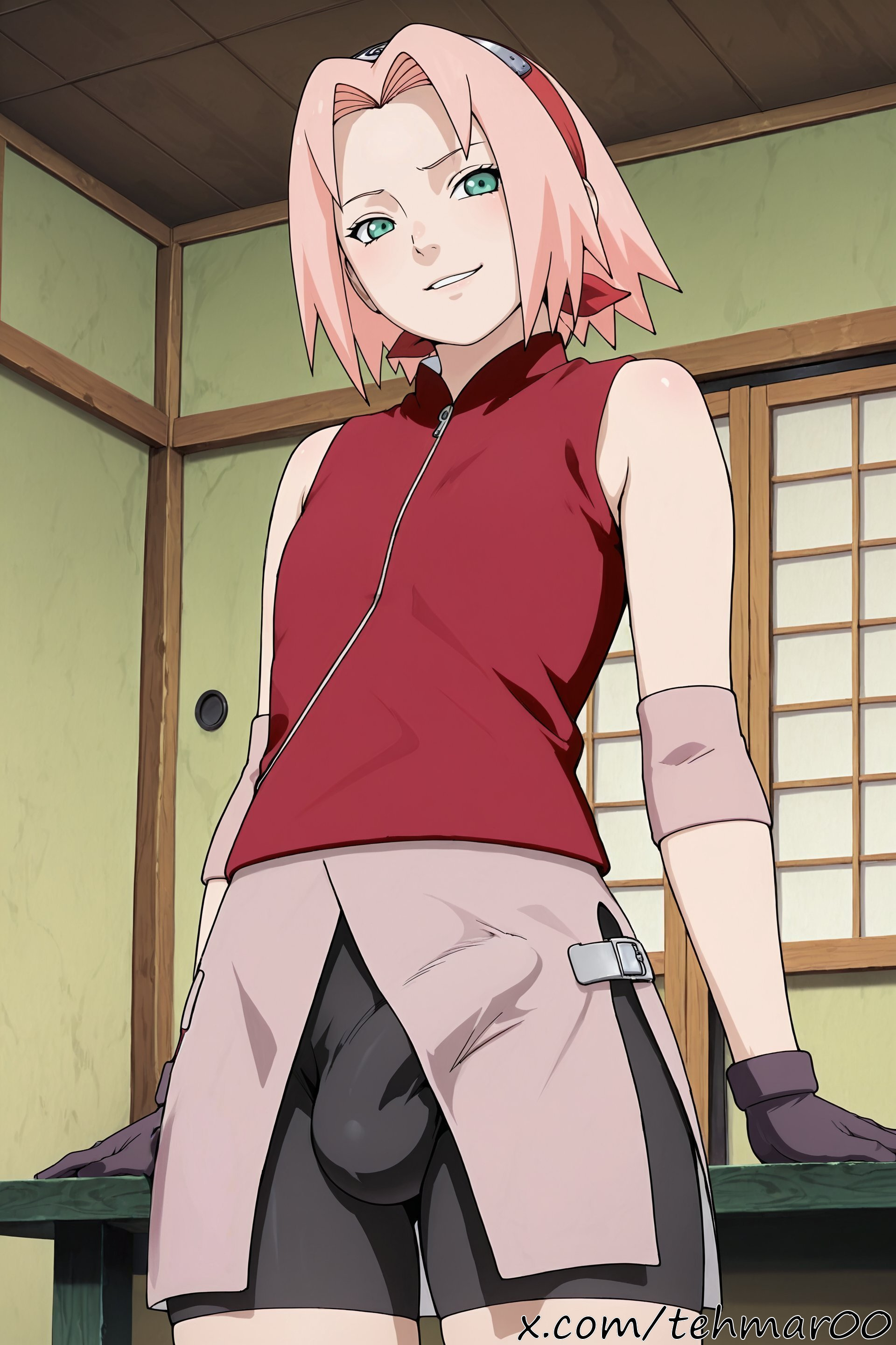 1boy, ai generated, bike shorts, black gloves, black shorts, bulge, erection under clothes, femboy, forehead protector, genderswap (ftm), gloves, green eyes, indoors, konohagakure symbol, looking at viewer, male, male sakura, naruto (series), naruto shippuden, pink hair, rule 63, sakura haruno, short hair, shorts, sleeveless, sliding doors, smile, solo, standing, tagme, tatami, tehmar, trans woman, transfem, trap, zipper pull tab