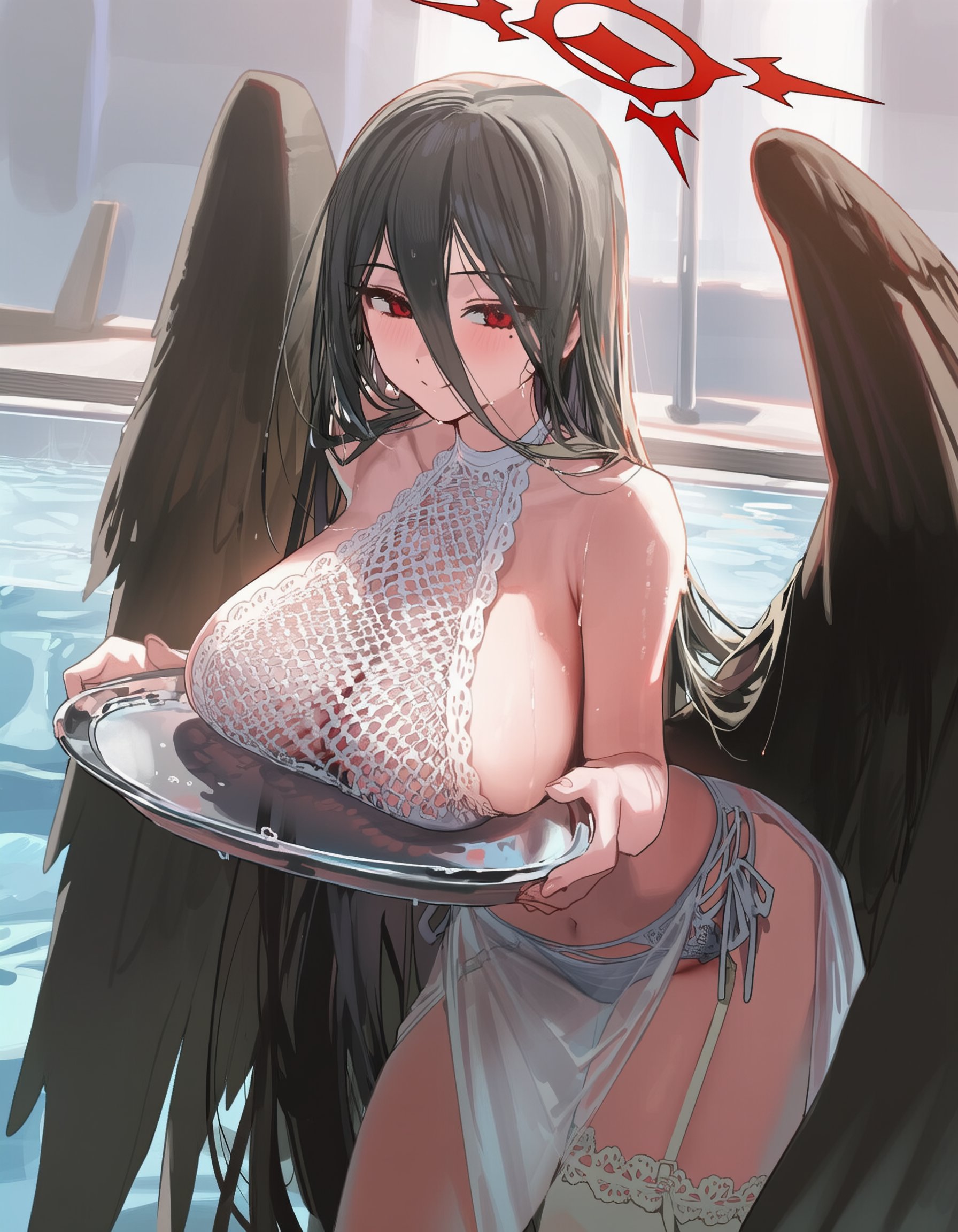 1girls, ai generated, black hair, blue archive, hasumi (blue archive), large breasts, long hair, looking at viewer, presenting breasts, red eyes, sideboob