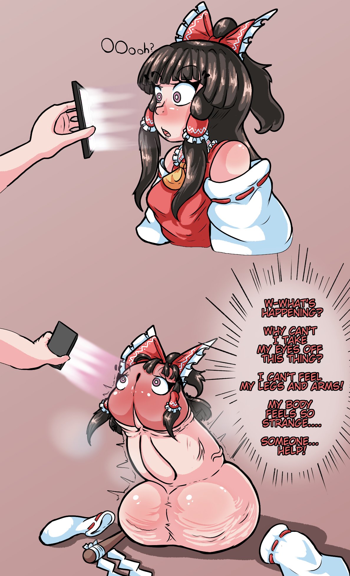 body horror, english text, hakurei reimu, huge cock, hyper penis, hypnosis, intersex, lewd pikmin, monophallia, penis transformation, penis with eyes, speech bubble, touhou, transformation, transformation sequence, uncensored, unusual anatomy, unusual genitalia placement, unusual penis placement, werecock, what