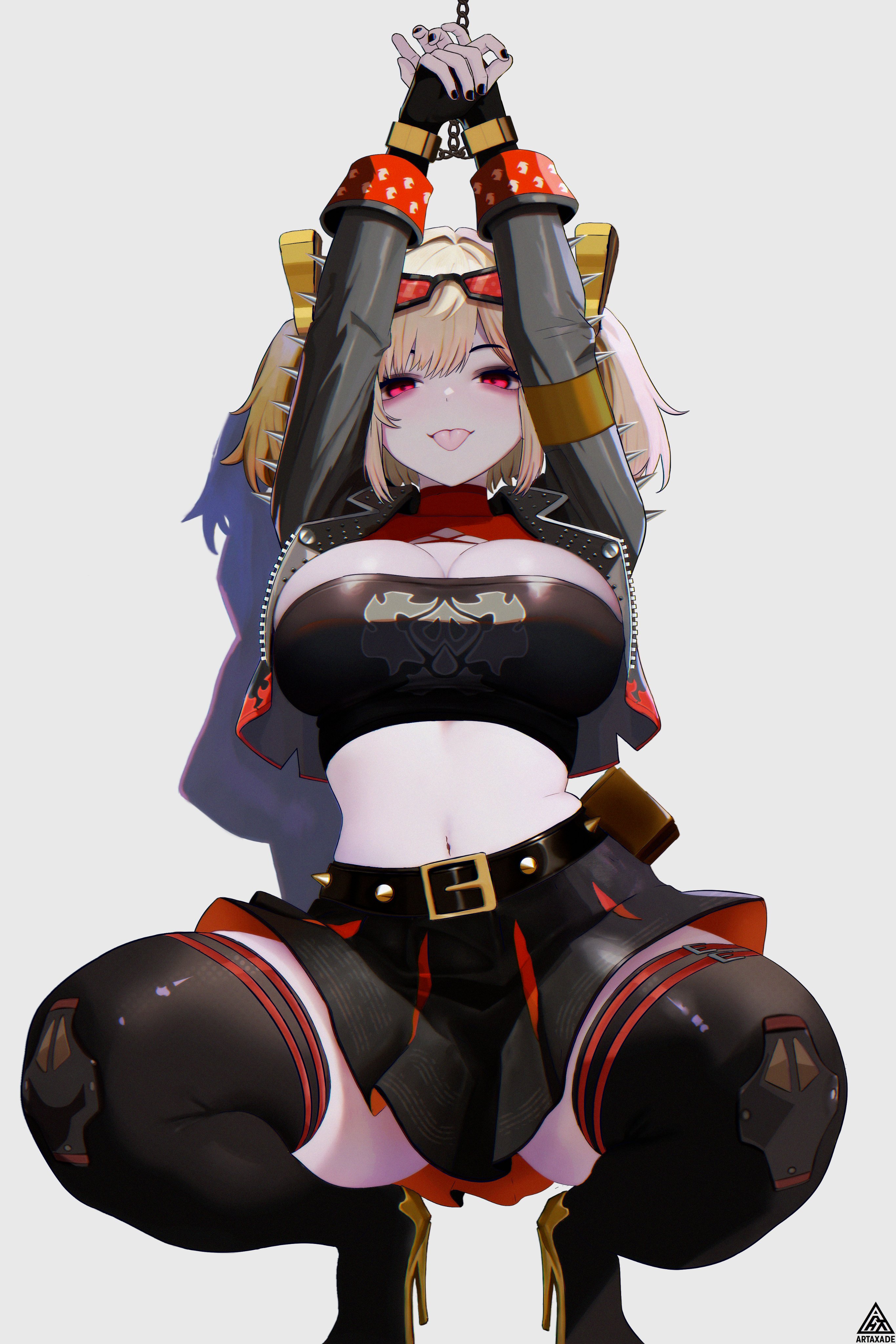 :p, 1girls, arms up, belt, black jacket, black skirt, blonde hair, blush, boots, breasts, burnice white, cleavage, crop top, eyewear on head, female, female only, fingerless gloves, gloves, hair between eyes, hamaxade, high heels, highres, jacket, large breasts, looking at viewer, midriff, navel, red eyes, short twintails, sidelocks, simple background, skirt, smile, solo, squatting, stomach, sunglasses, thick thighs, thigh boots, thighhighs, thighs, tied hands, tongue, tongue out, twintails, white background, zenless zone zero