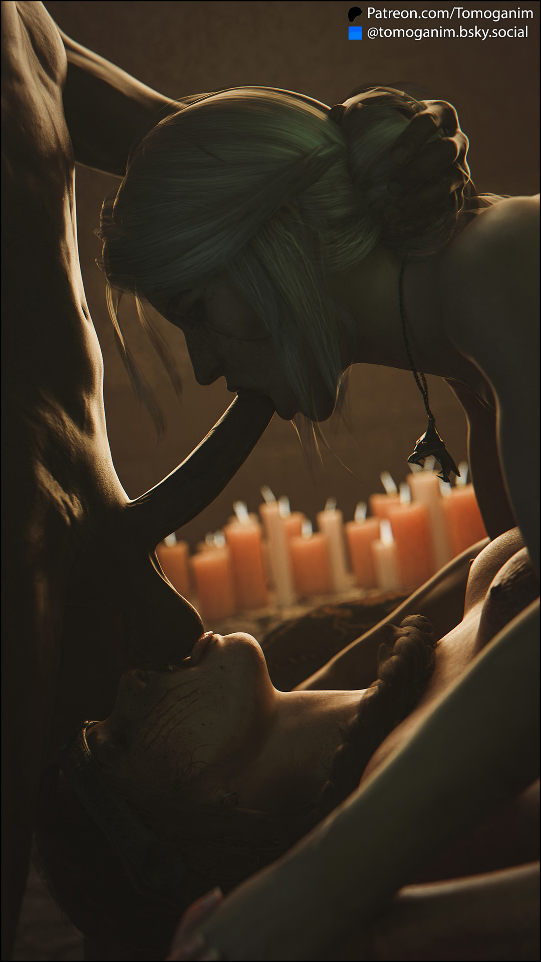 1boy, 2025, 2girls, 3d, 3d (artwork), blowjob, blowjob face, candles, cerys an craite, ciri, closed eyes, dark skin, dark-skinned male, dim lighting, fellatio, human, human only, interracial, licking, licking balls, light skin, light-skinned female, oral, oral sex, outercourse, penis, red hair, straight, sucking, sucking penis, the witcher (series), the witcher 3: wild hunt, threesome, tomoganim, white hair