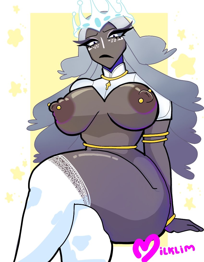 1girls, 2d, 2d (artwork), 2d artwork, areolae, artist name, big breasts, breasts, crossed legs, crown, dark skin, dark-skinned female, female, female only, functionally nude, functionally nude female, hazbin hotel, huge breasts, legwear, long hair, looking at viewer, looking down, milklim art, nipple piercing, nipples, pierced nipples, piercings, sera (hazbin hotel), sitting, vivziepop, white background