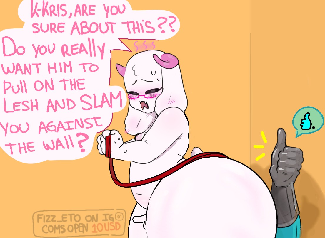 1boy1femboy, 1femboy, 1furry, ass, ass bigger than head, belt buckle, belt collar, big ass, curvy, curvy body, curvy hips, curvy male, curvy thighs, cute, cute expression, cute face, cute male, deltarune, deltarune chapter 1, deltarune chapter 2, deltarune chapter 3, deltarune chapter 4, facesitting, femboy, femboy on male, fizz eto, furry, furry ass, furry male, furry with non-furry, gay, giant ass, goat, goat boy, goat humanoid, homosexual, homosexual male, huge ass, kris (deltarune), nervous, nervous expression, nervous face, ralsei, ralsei (deltarune), ralsei with white fur, sitting on face, sitting on person, teenager, text bubble, timid, wall, wall (structure)