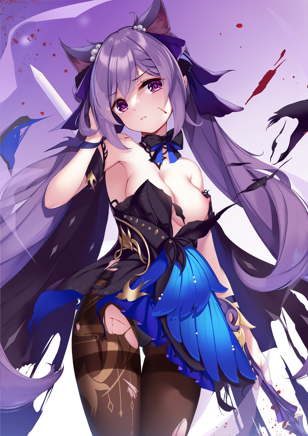 animal_ear_fluff animal_ears bangs bare_shoulders black_bow black_bowtie blood blue_bow blue_bowtie blush bow bowtie braid breasts brown_legwear cat_ears cleavage closed_mouth cowboy_shot dress extra_ears eyebrows_visible_through_hair female frown genshin_impact hair_between_eyes hair_ornament hair_ribbon highres holding holding_sword holding_weapon keqing_(genshin_impact) keqing_(opulent_splendor)_(genshin_impact) long_hair looking_at_viewer medium_breasts nipples one_breast_out panties panties_under_pantyhose pantyhose purple_eyes purple_hair purple_ribbon ribbon solo standing sword torn_clothes torn_legwear touxing_no_diluka twintails two-tone_bow two-tone_bowtie underwear very_long_hair weapon