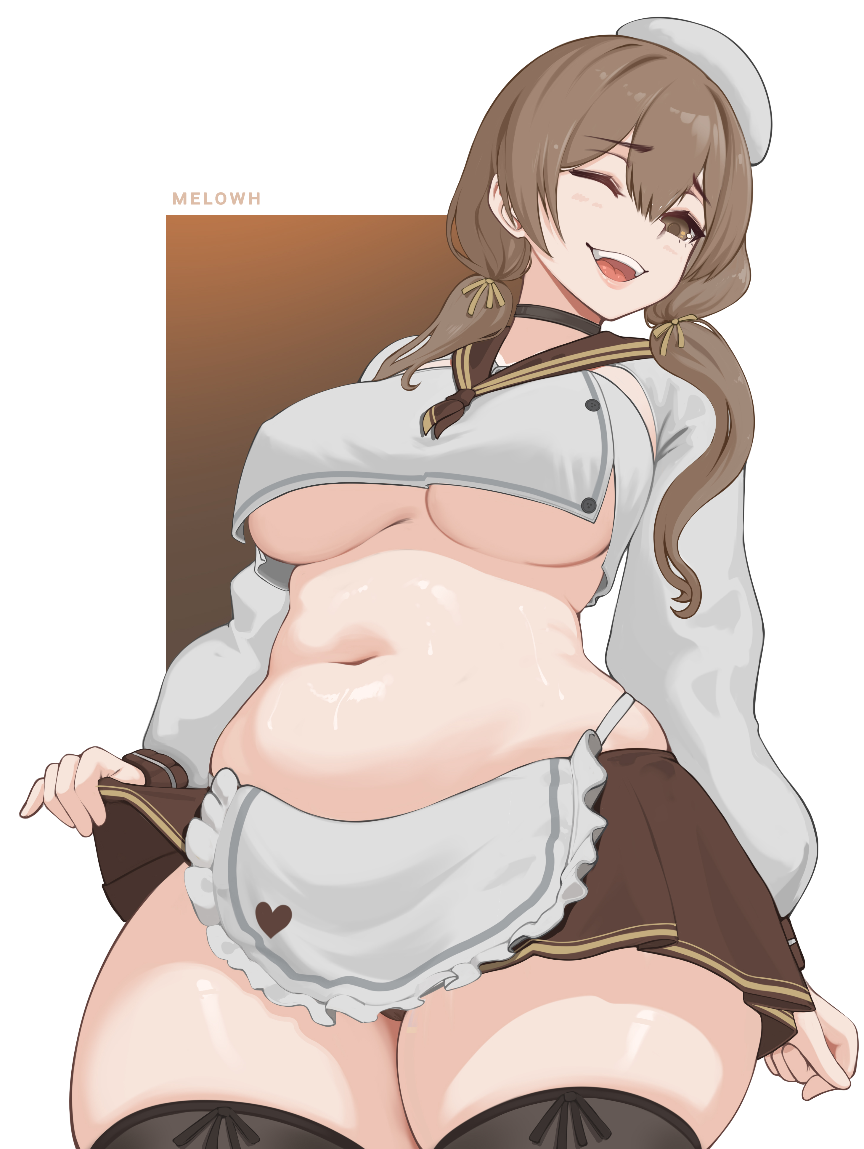 1girls, apron, beret, black thighhighs, blush, bready (nikke), breasts, brown eyes, brown hair, brown neckerchief, brown skirt, choker, clothes lift, detached sleeves, female, female only, goddess of victory: nikke, hair ribbon, hat, heart, heart print, large breasts, long hair, long sleeves, looking at viewer, low twintails, maid apron, melowh, midriff, navel, neckerchief, one eye closed, open mouth, plump, print apron, ribbon, school uniform, serafuku, shirt, skirt, skirt lift, sleeveless, sleeveless shirt, smile, standing, sweat, teeth, thick thighs, thighhighs, thighs, twintails, underboob, white apron, white background, white hat, white shirt, wink, yellow ribbon