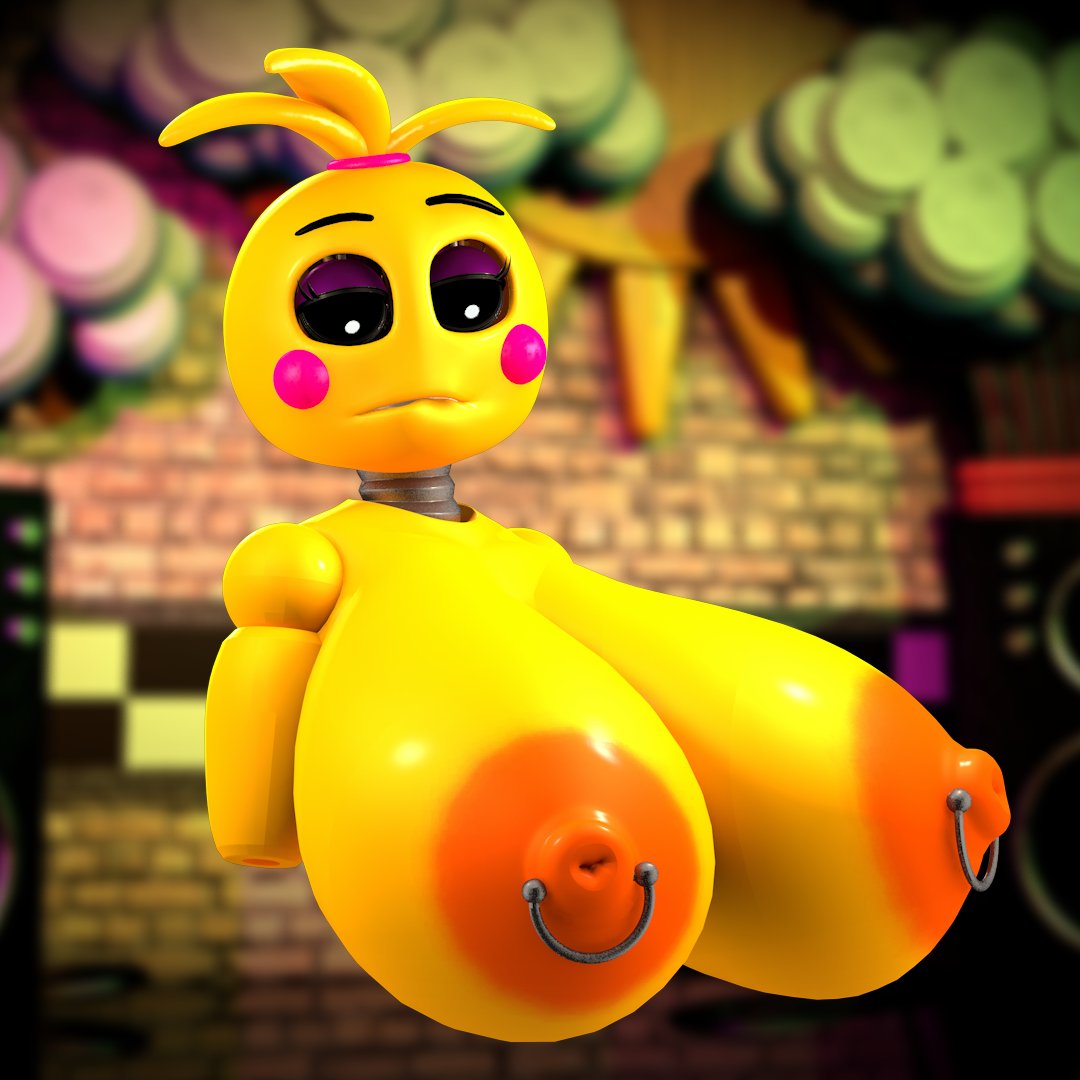3d, black eyes, breasts, c4d max, female, five nights at freddy's, five nights at freddy's 2, huge breasts, huge toy chica, nipple piercing, nipples, piercing, piercings, pink cheeks, solo, tied hair, toy chica (fnaf), toy chica (love taste), yellow body