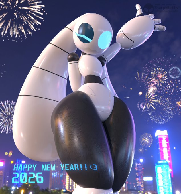 1girls, 2026, breedable hips, fireworks, long ears, new year, new year 2026, robot, robot girl, safe for work, sharpy (sharpybutts), sharpybutts, thick thighs
