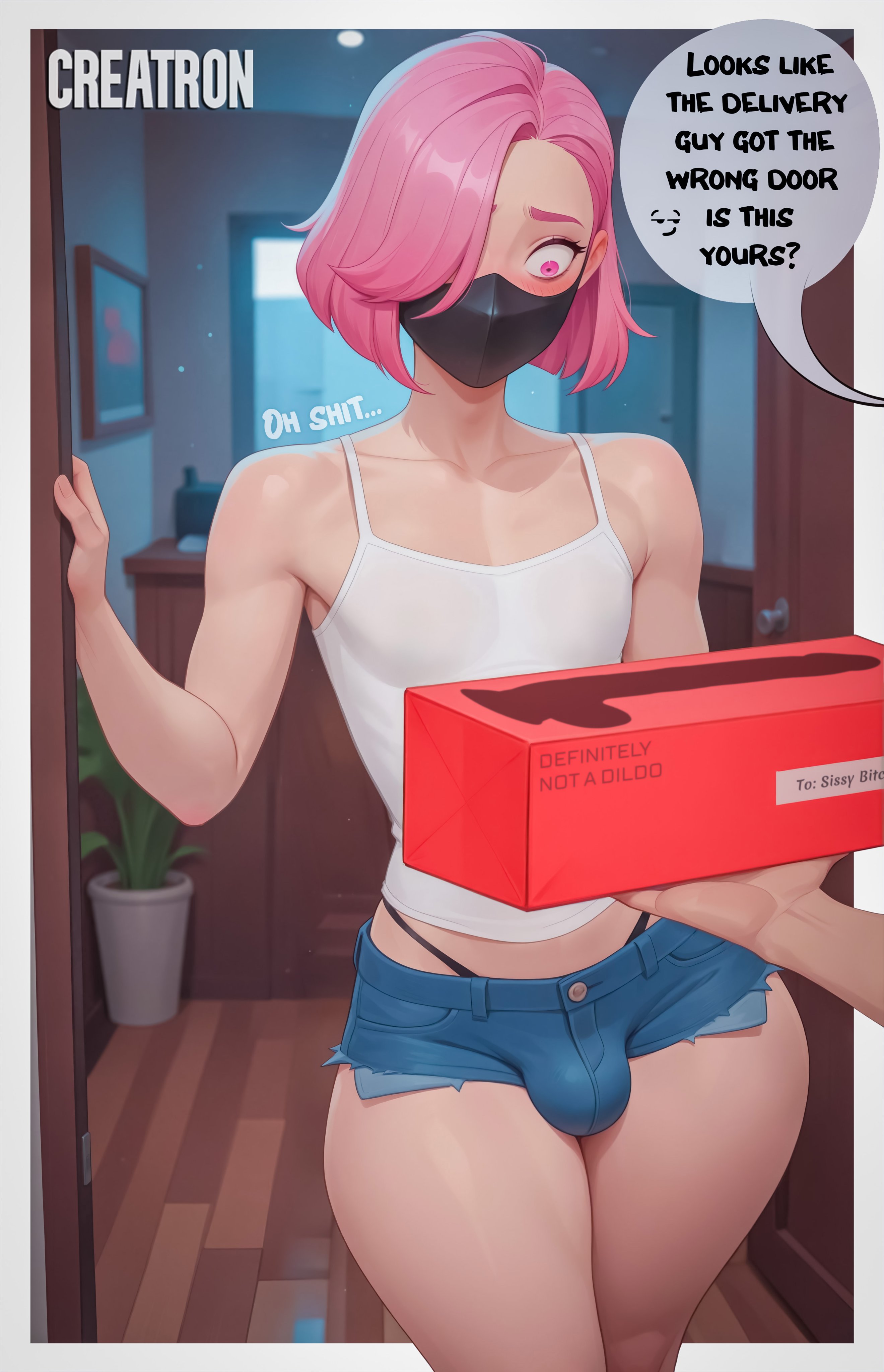 2boys, ai generated, big dildo, blush, blush lines, bulge, creatronart, delivery, dildo, face mask, femboy, femboy focus, feminine, feminine body, feminine male, gay, light skin, light-skinned femboy, light-skinned male, male, male only, mask, miniskirt, panties, pink eyes, pink hair, queer, shocked, short hair, sissy, text, tomgirl, yaoi