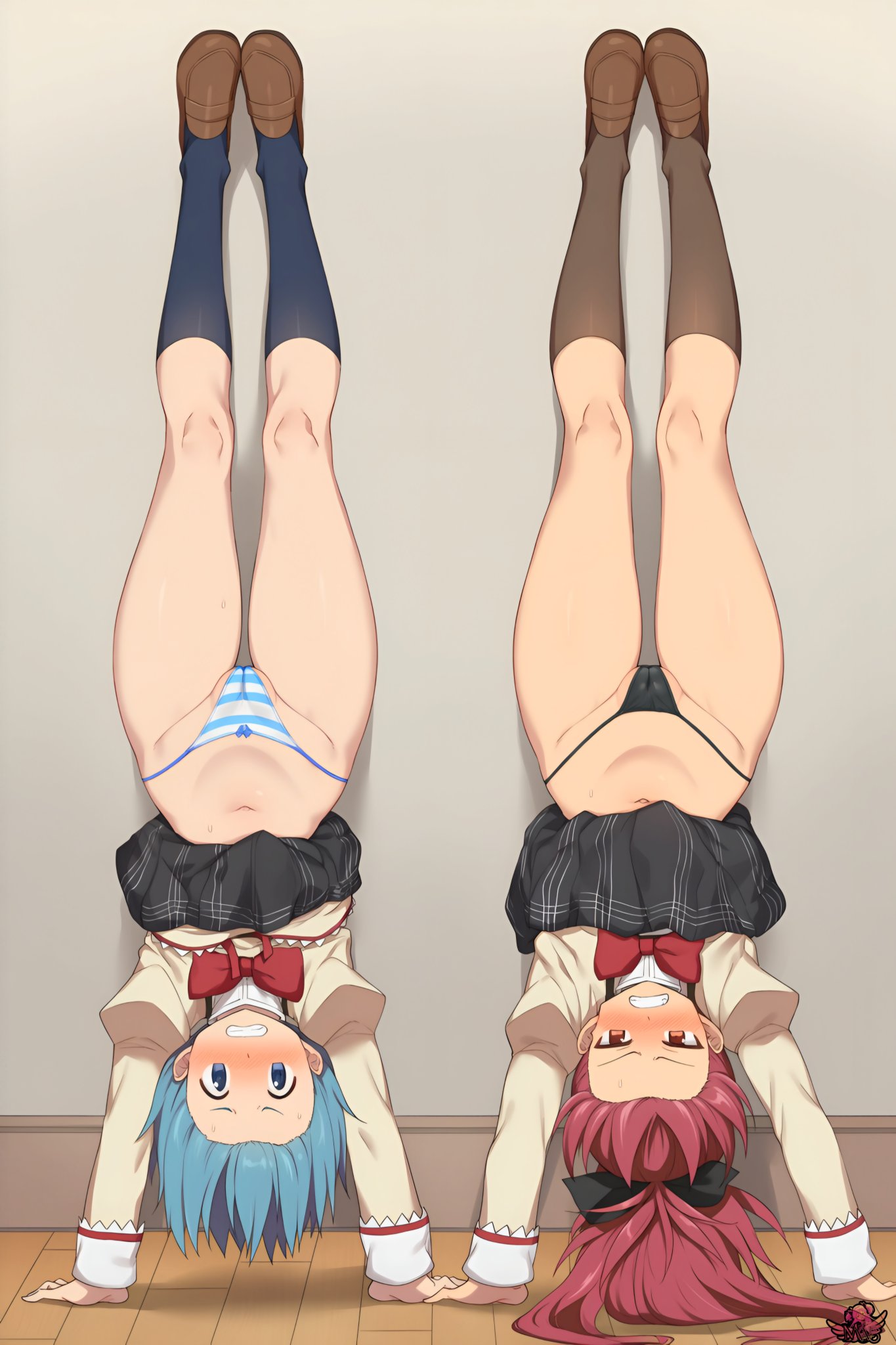 2girls, ai generated, angry, angry expression, angry face, artist logo, belly, belly button, black panties, black ribbon, blue eyes, blue hair, blue panties, blush, bow, bowtie, cute, double handjob, embarrassed, female, female only, hair ribbon, hairpin, handstand, high socks, lewd, long hair, long ponytail, looking at viewer, madoka worship, magical girl, mahou shoujo madoka magica, miki sayaka, mitakihara school uniform, multiple girls, panties, ponytail, puella magi madoka magica, red eyes, red hair, sakura kyouko, school uniform, schoolgirl, schoolgirl uniform, short hair, side to side, skirt down, socks, striped, striped panties, teeth clenched, thick thighs, thong, uniform, upside-down