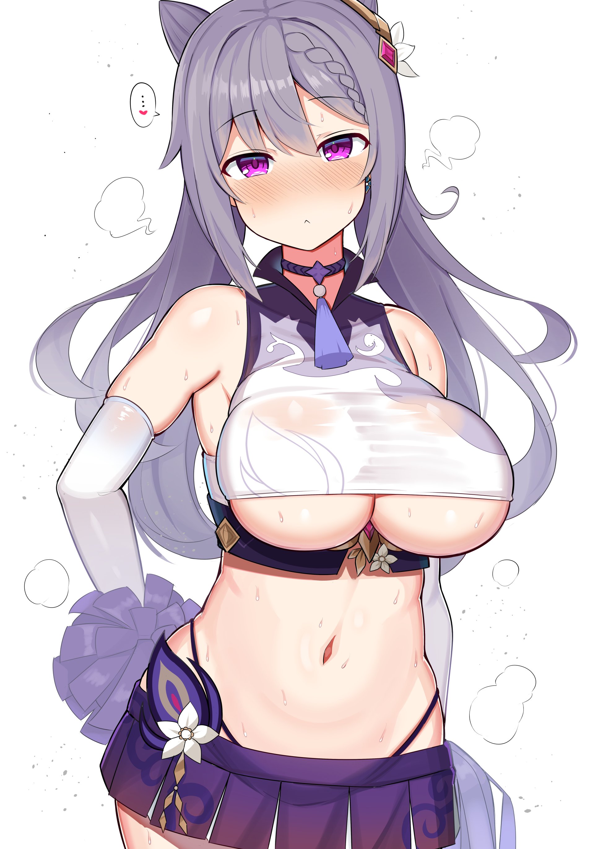 1girls, 2022, blush, breasts, cheerleader, cheerleader uniform, female, female only, genshin impact, hips, holding object, huge breasts, jakko, keqing (genshin impact), long hair, looking at viewer, midriff, pom poms, purple eyes, purple hair, simple background, slim waist, sweat, sweaty body, thick thighs, thighs, twintails, underboob, white background, wide hips