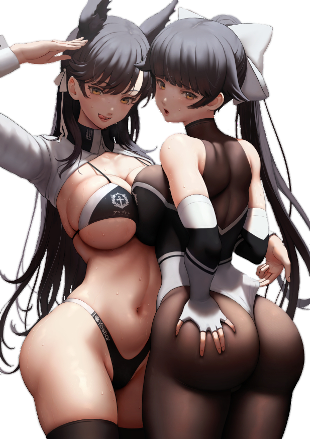 2girls animal_ears atago_(azur_lane) atago_(stunning_speedster)_(azur_lane) azur_lane bangs black_hair black_legwear blush breasts cameltoe cleavage elbow_gloves eyebrows_visible_through_hair fingerless_gloves funaya_(a2brasd) gloves highleg highleg_swimsuit highres large_breasts long_hair looking_at_viewer multiple_girls navel pantyhose ponytail race_queen revealing_clothes skindentation smile swimsuit takao_(azur_lane) takao_(full_throttle_charmer)_(azur_lane) thighhighs yellow_background