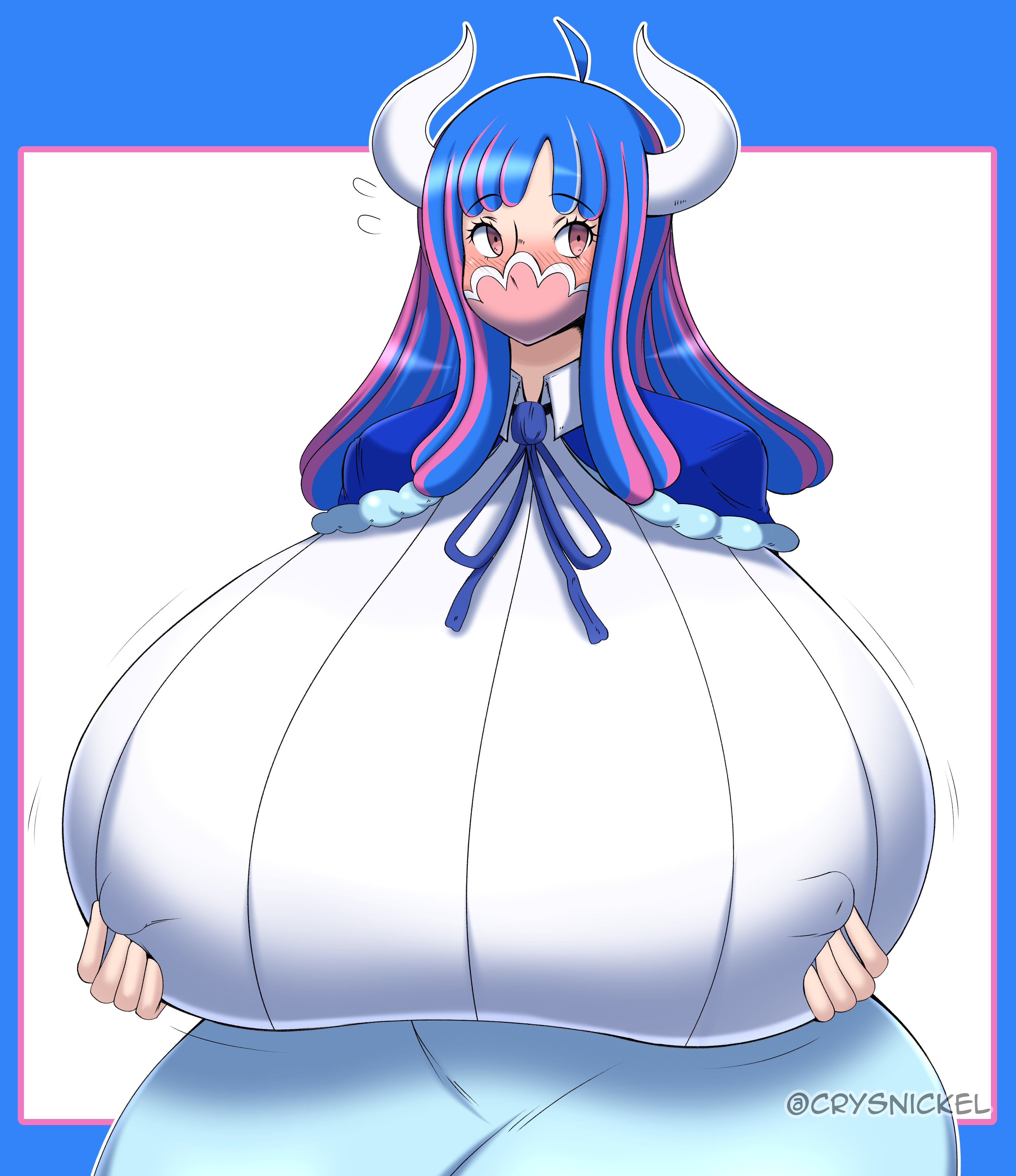 1girls, 2022, blush, breasts, crysnickel, eyebrows visible through hair, female, female focus, female only, hips, holding breast, horns, huge breasts, mask, massive breasts, multicolored hair, nipple bulge, one piece, shounen jump, solo, solo female, solo focus, top heavy, ulti (one piece), watermark, wide hips