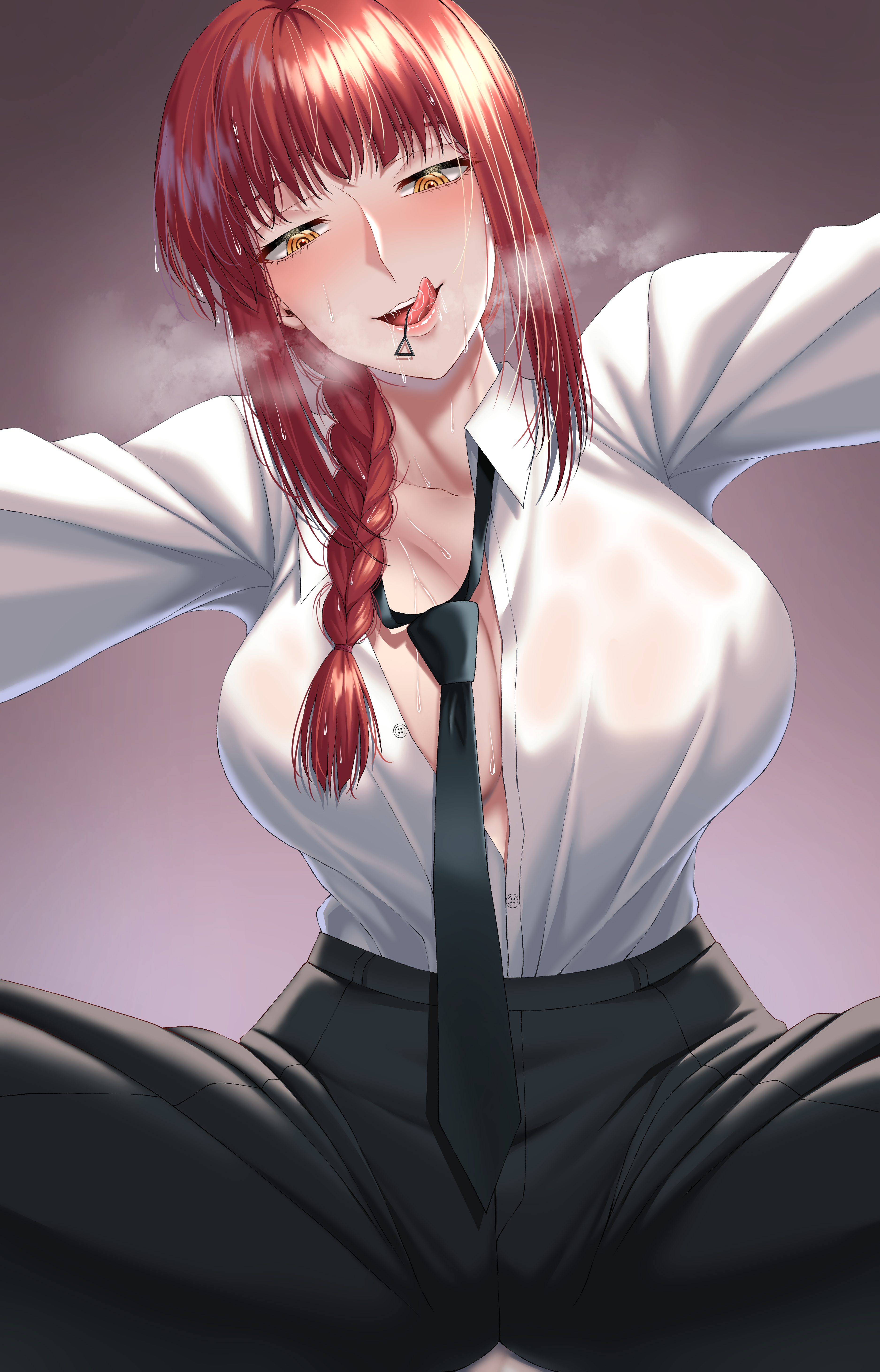 1girls, absurd res, artslayer, big breasts, braided hair, breasts, chainsaw man, eye contact, female, heavy breathing, huge breasts, long hair, looking at viewer, makima (chainsaw man), red hair, solo, tight clothing