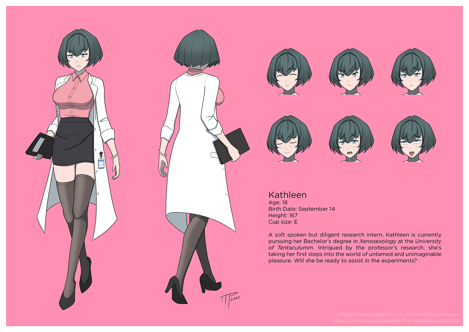 1girls, 2d, big breasts, black hair, blue eyes, breasts, character profile, character sheet, english text, female, female only, heels, human, human only, kathleen (ttp), labcoat, leggings, light skin, light-skinned female, lore, original character, scientist, short hair, skirt, text, the tentacle professor