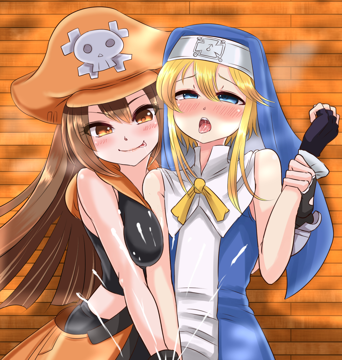 1boy, 1girls, after kiss, ahe gao, blonde hair, blonde-haired male, blue eyes, blue-eyed male, blush, bottomwear, breasts, bridget, clothing, cum, cumming, eyebrows visible through hair, female, female human, femboy, femboy on female, femboysub, femdom, guilty gear, handjob, harimao (hanzou uji), headwear, human, implied handjob, light skin, light-skinned female, light-skinned femboy, light-skinned male, long hair, long-haired female, male, male human, malesub, may (guilty gear), offscreen handjob, open mouth, pre-transition, questionable consent, saliva, saliva string, straight, teeth, tongue, tongue out, topwear, wrist grab