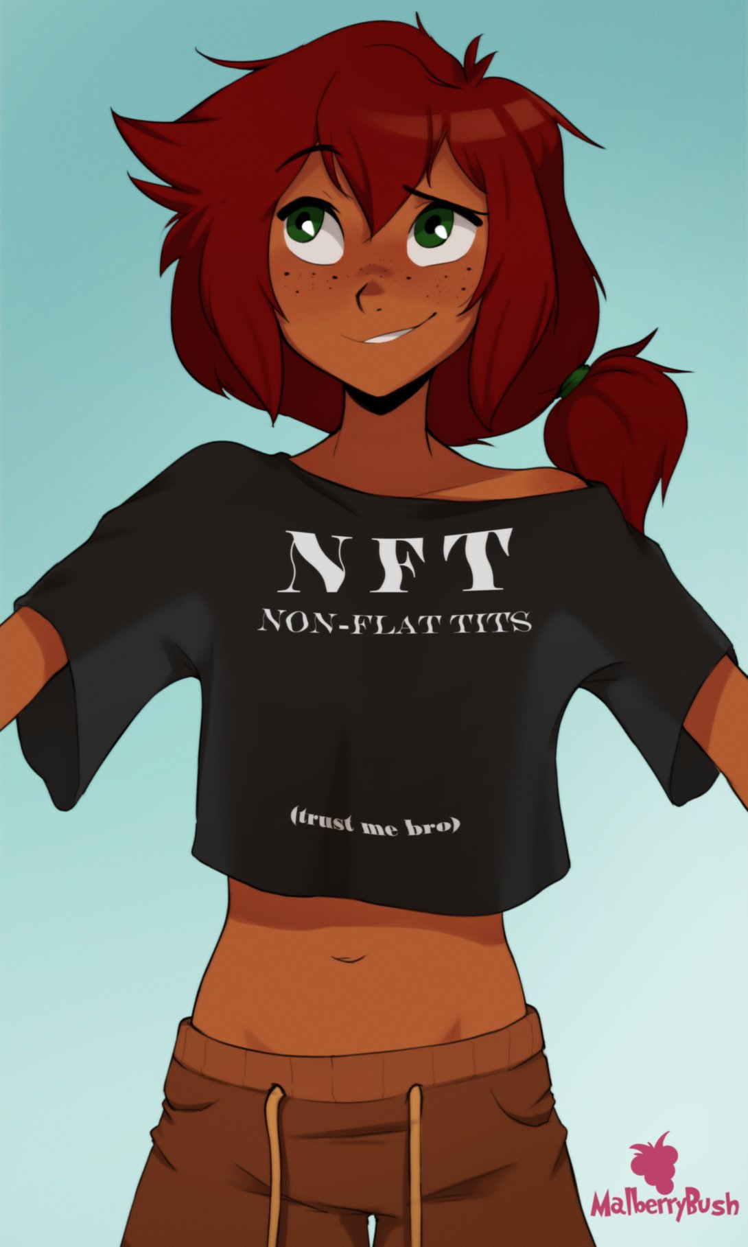 1girls blush clothed clothes clothing dark-skinned_female english_text eyebrows female female_only flat_chest freckles fully_clothed green_eyes human human_only humanoid humor low_ponytail malberrybush malyna nft nft_shirt pants red_hair shirt smile solo solo_female