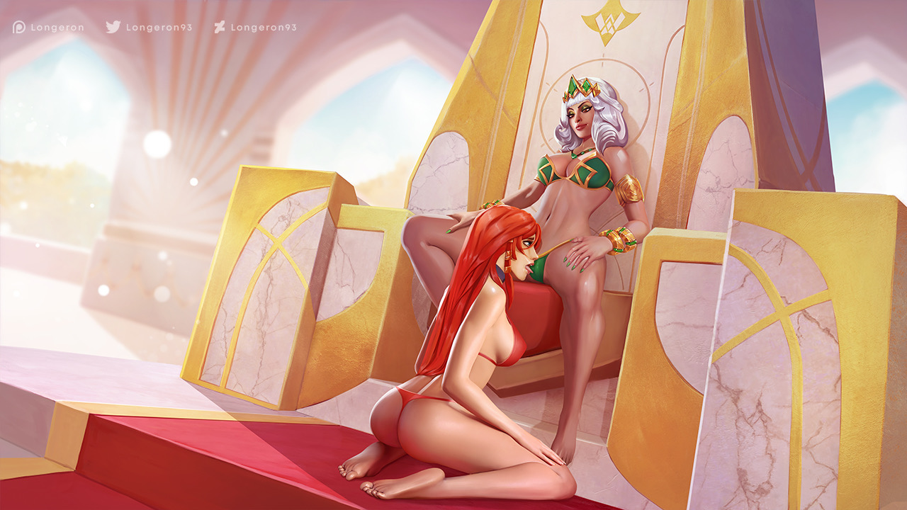 2girls, abs, armwear, ass, bare arms, bare back, bare legs, bare midriff, bare shoulders, bare thighs, barefoot, big breasts, bikini, bikini bottom, bikini top, blue eyes, bracelet, breasts, choker, cleavage, clothed sex, crown, domination, eyeshadow, female, female domination, female focus, female only, female/female, femdom, femsub, fit, fit female, league of legends, legs apart, lezdom, licking pussy, long hair, longeron, miss fortune, necklace, nipple bulge, on knees, oral sex, painted nails, pussy, qiyana yunalai, realistic, red hair, riot games, short hair, sideboob, spread legs, thong, throne, toned, toned female, white hair, yuri