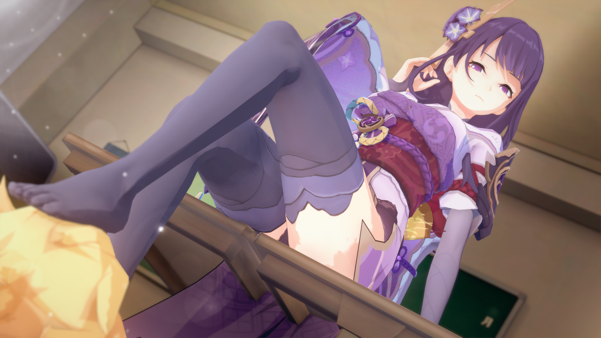 1boy, 1girls, 3d, 3d (artwork), aether (genshin impact), blonde hair, female, genshin impact, hair ornament, koikatsu, long hair, male, mihoyo, purple hair, raiden shogun, sex, sitting, sniffing feet, stockings