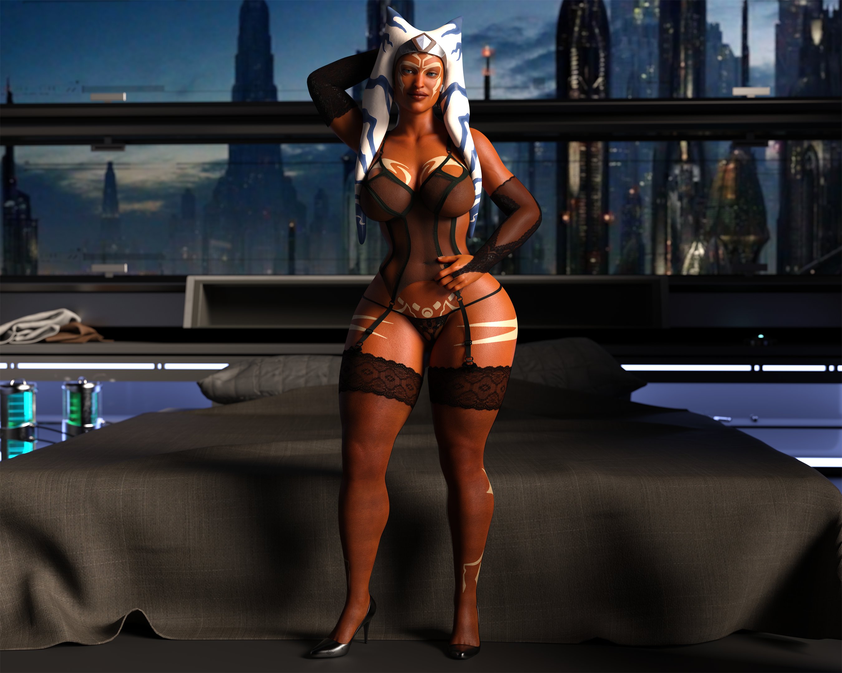 1girls, 3d, aged up, ahsoka tano, alien, arm up, armwear, ass, background, bed, bedroom, big ass, big breasts, big butt, bra, breasts, celebrity, cityscape, clothed female, clothing, curvaceous, curvy, detailed background, drinkerofskies, facing viewer, female, female only, female protagonist, fit, fit female, footwear, front view, garter belt, hand behind head, hand on waist, headband, headgear, heels, horn, huge ass, huge breasts, humanoid, indoors, large ass, large breasts, legwear, lingerie, looking at viewer, montrals, night, older, orange body, orange skin, panties, posing, rosario dawson, seductive, shoes, solo, standing, star wars, star wars rebels, stockings, tattoo, tentacle, tentacle hair, thick thighs, thighs, togruta, underwear, wide hips, window