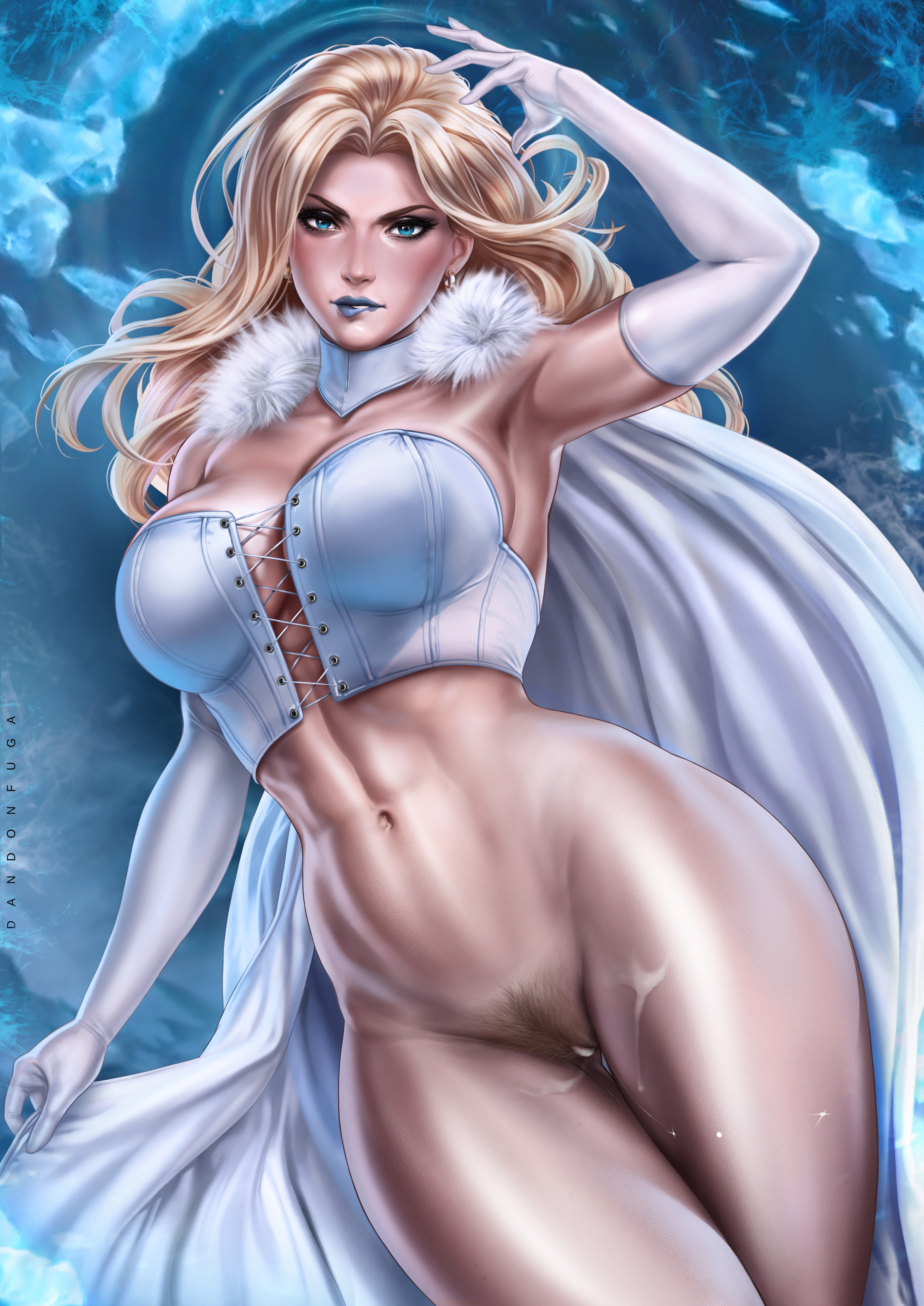 1girls, abs, arm length gloves, arm up, armpit, big breasts, biting lip, blonde hair, blonde pubic hair, blue eyes, blue lips, blue lipstick, blue makeup, bottomless, bottomless female, breasts, bustier, cape, child bearing hips, corset, cum, cum in pussy, cum inside, dandon fuga, earrings, emma frost, female, female focus, female only, fit, fit female, fur trim, gloves, hips, large breasts, lipbite, lipstick, long hair, marvel, marvel comics, mature, mature female, navel, no panties, no underwear, pubic hair, pussy, slim female, slim waist, solo, solo female, solo focus, superheroine, thick thighs, thighs, toned, toned body, toned female, toned stomach, vagina, white cape, white gloves, wide hips, winter, x-men