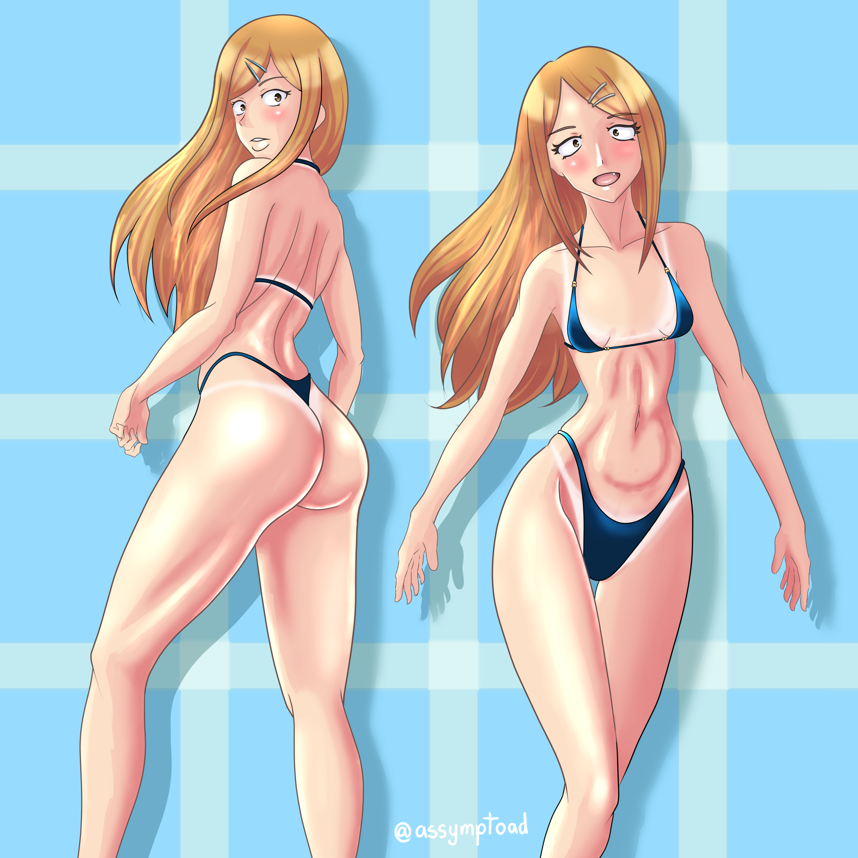 10s, ass, ass crack, ass focus, assymptoad, back, bikini, blush, breasts, brown eyes, brown hair, butt crack, cameltoe, dagashi kashi, endou saya, female, hair ornament, hairclip, long hair, looking at viewer, micro bikini, navel, pussy, skinny, small breasts, solo, standing, swimsuit, tanline, tanlines, thong, thong bikini, wide hips