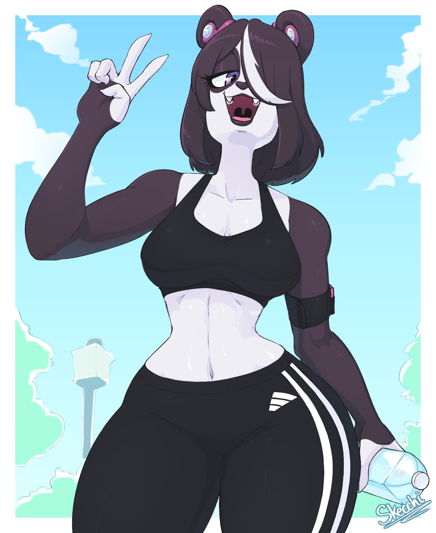 1girls, anthro, black hair, female, female only, hair over one eye, hi res, looking at viewer, medium hair, narrowed eyes, open mouth, panda, panda ears, pants, peace sign, skecchiart, solo, solo female, sportswear, tank top, thick thighs, ursine, vivian vivi (skecchiart), water bottle