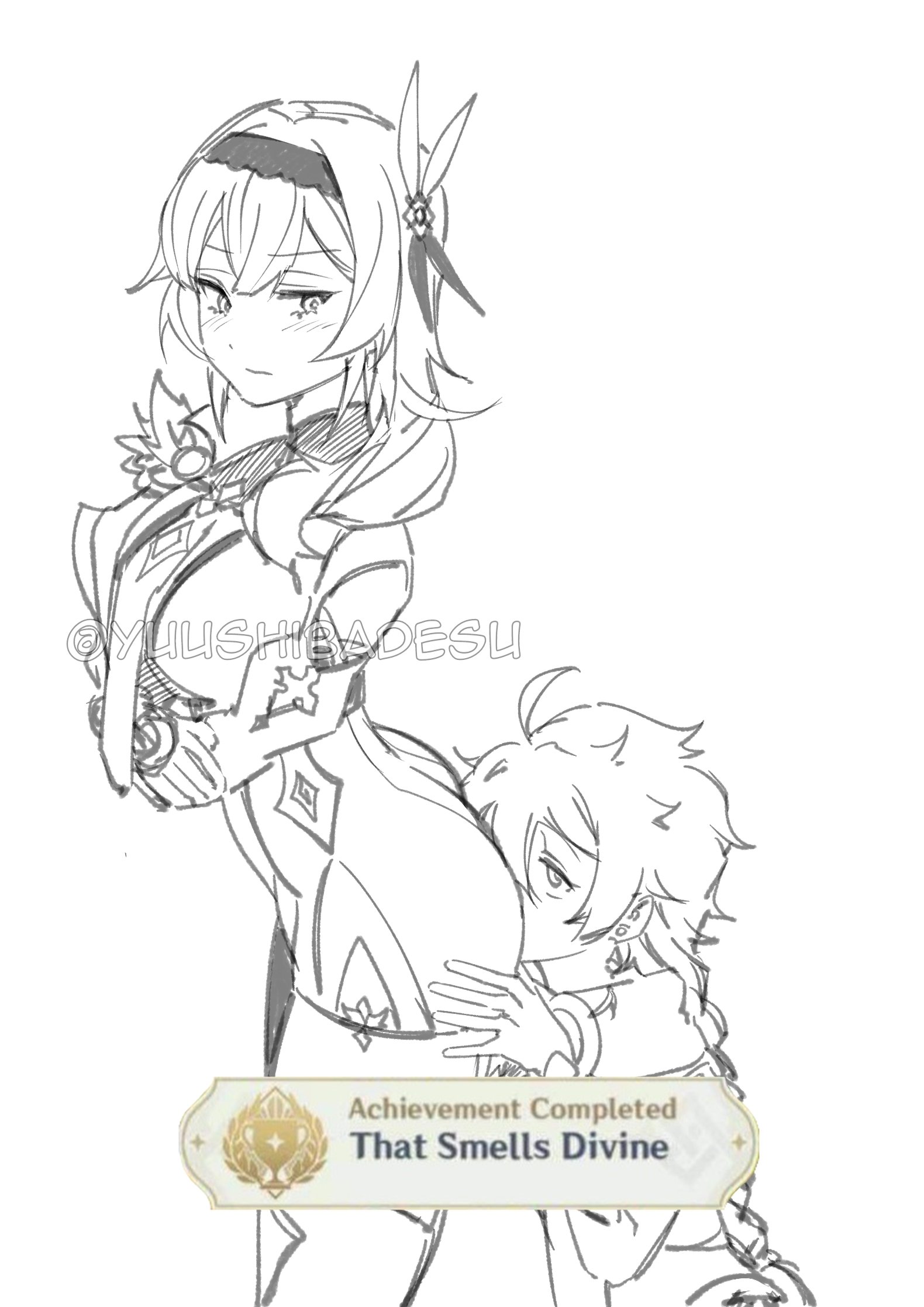 1boy, 1girls, aether (genshin impact), age difference, ass, ass on face, blush, english text, eula (genshin impact), female, genshin impact, hi res, male, sketch, sniffing, sniffing ass, standing, straight, yuushiba