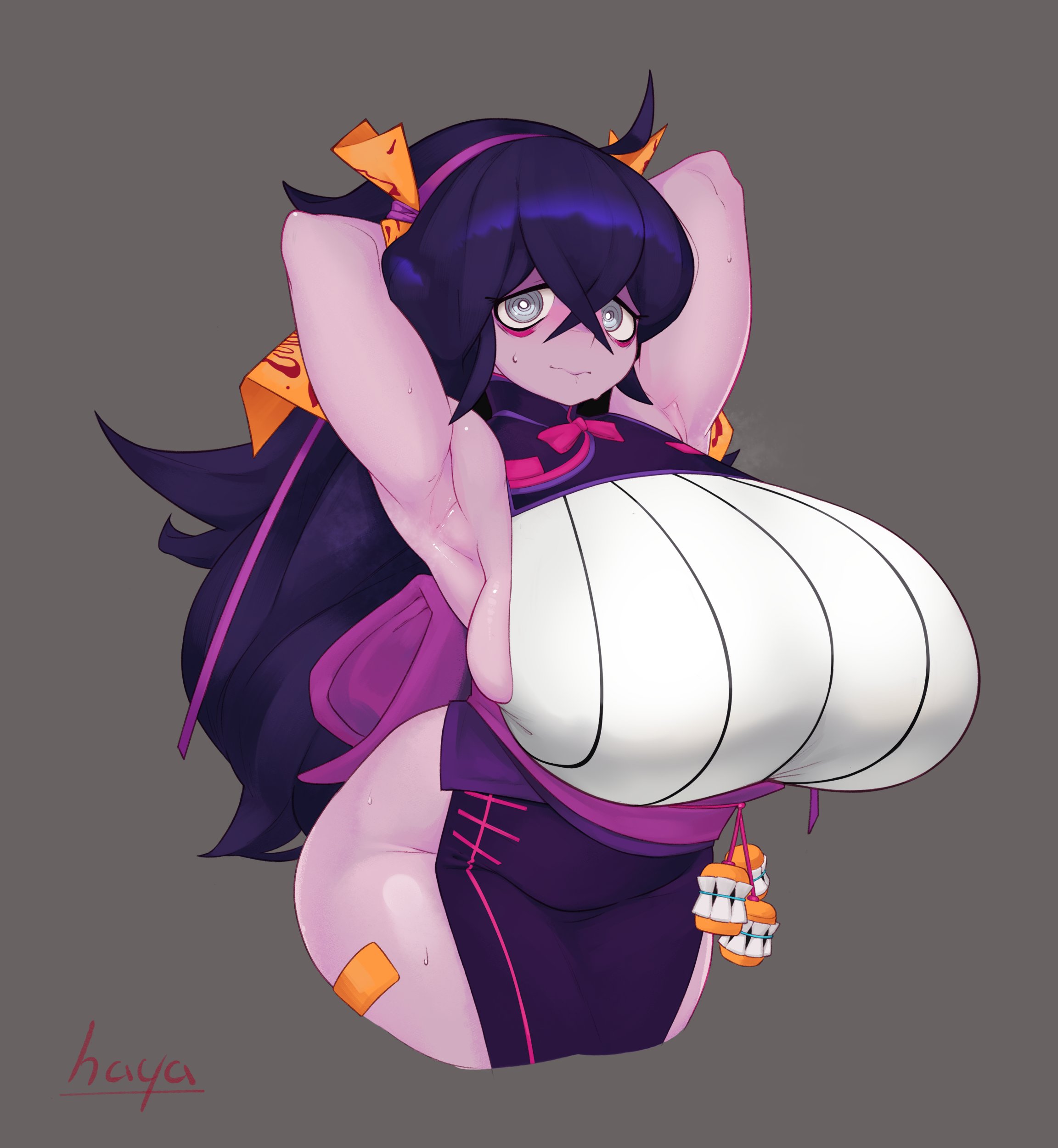 1girls, armpit crease, armpits, arms behind back, bags under eyes, big hair, breasts, dress, female, female only, gigantic breasts, hair between eyes, halterneck, hayabusart, homura hime, huge breasts, japanese clothes, ling ling (homura hime), long hair, nervous, purple hair, side slit, sideboob, solo female, sweat, talisman