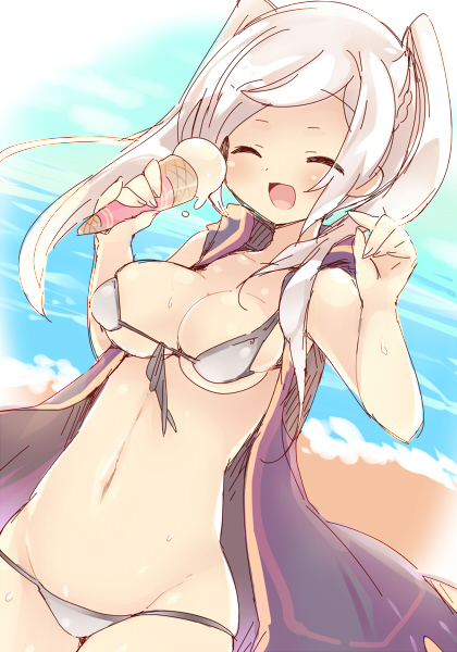 1girls beach bikini breasts cleavage closed_eyes coat ebi_shamo female female_only fire_emblem fire_emblem_awakening happy ice_cream micro_bikini nintendo ocean robin_(fire_emblem) robin_(fire_emblem)_(female) sand smile solo sweat sweatdrop swimsuit teu_(navy) twintails white_bikini white_swimsuit