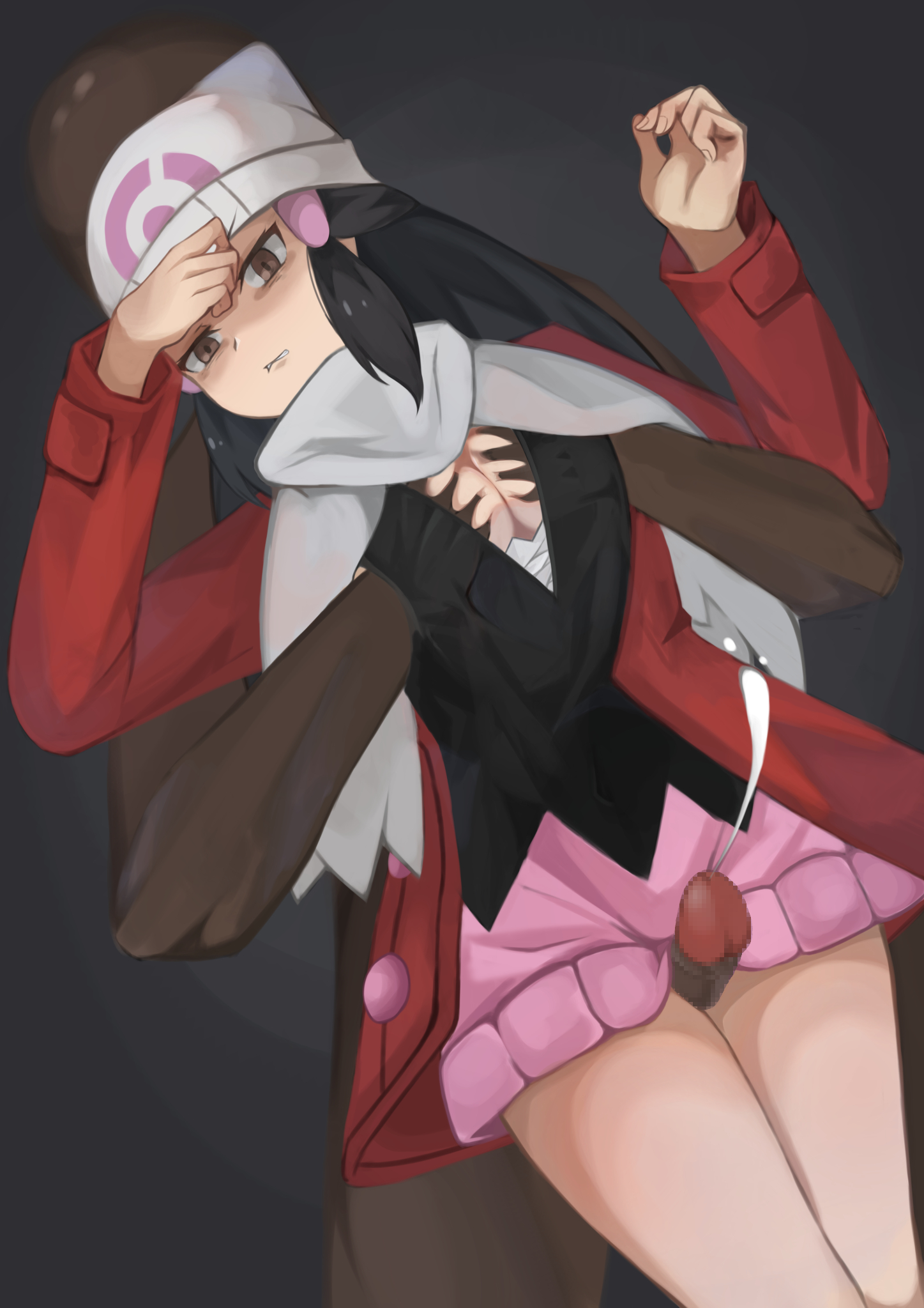 1boy, 1girls, akacolor, annoyed, black hair, breasts, brown eyes, censored, clothed, cum, dawn (pokemon), female, groping, looking down, male, pokemon, pokemon dppt, simple background, standing, thigh sex
