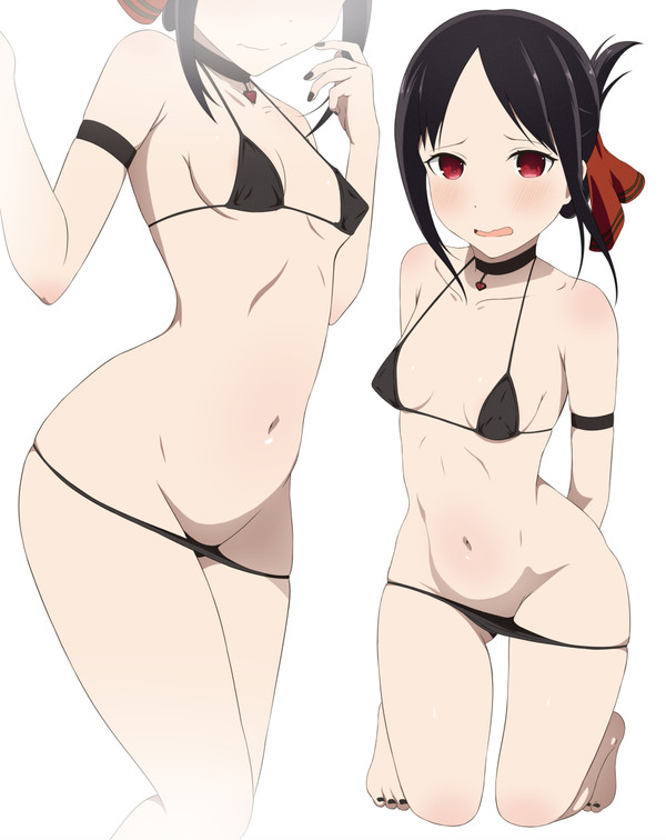 1girls, bikini, black hair, black nails, blush, breasts, coro fae, embarrassed, female, fingernails, hair ornament, human, kaguya-sama wa kokurasetai ~tensai-tachi no renai zunousen~, light skin, light-skinned female, micro bikini, nail polish, navel, red eyes, shinomiya kaguya, skimpy, skimpy bikini, small breasts, solo