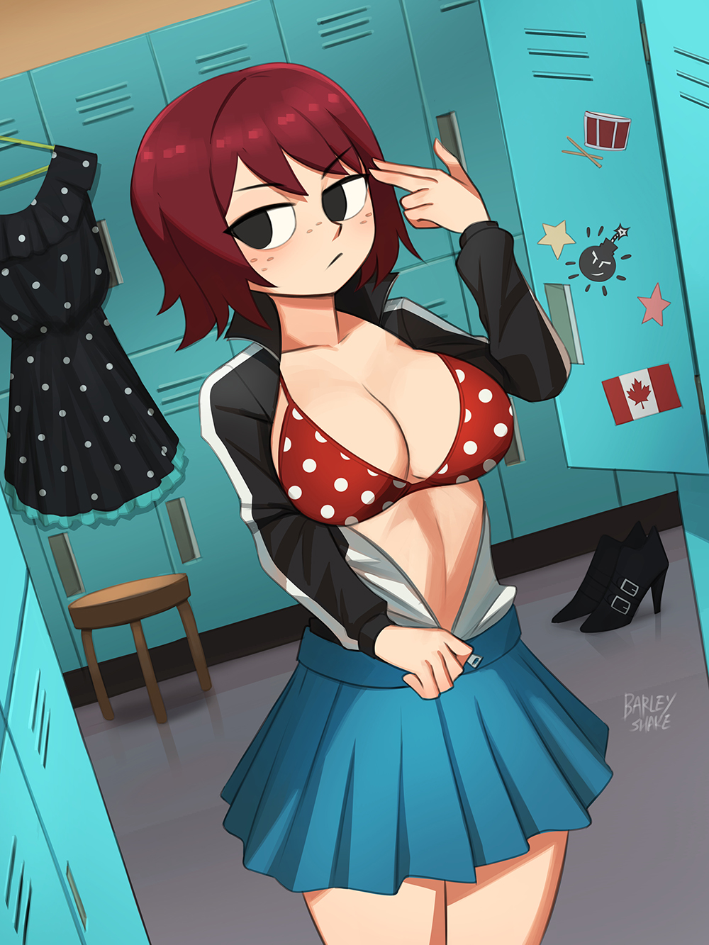 barleyshake blush bra breasts canadian_flag cleavage freckles kim_pine locker_room polka_dot red_hair scott_pilgrim short_hair skirt solo solo_female