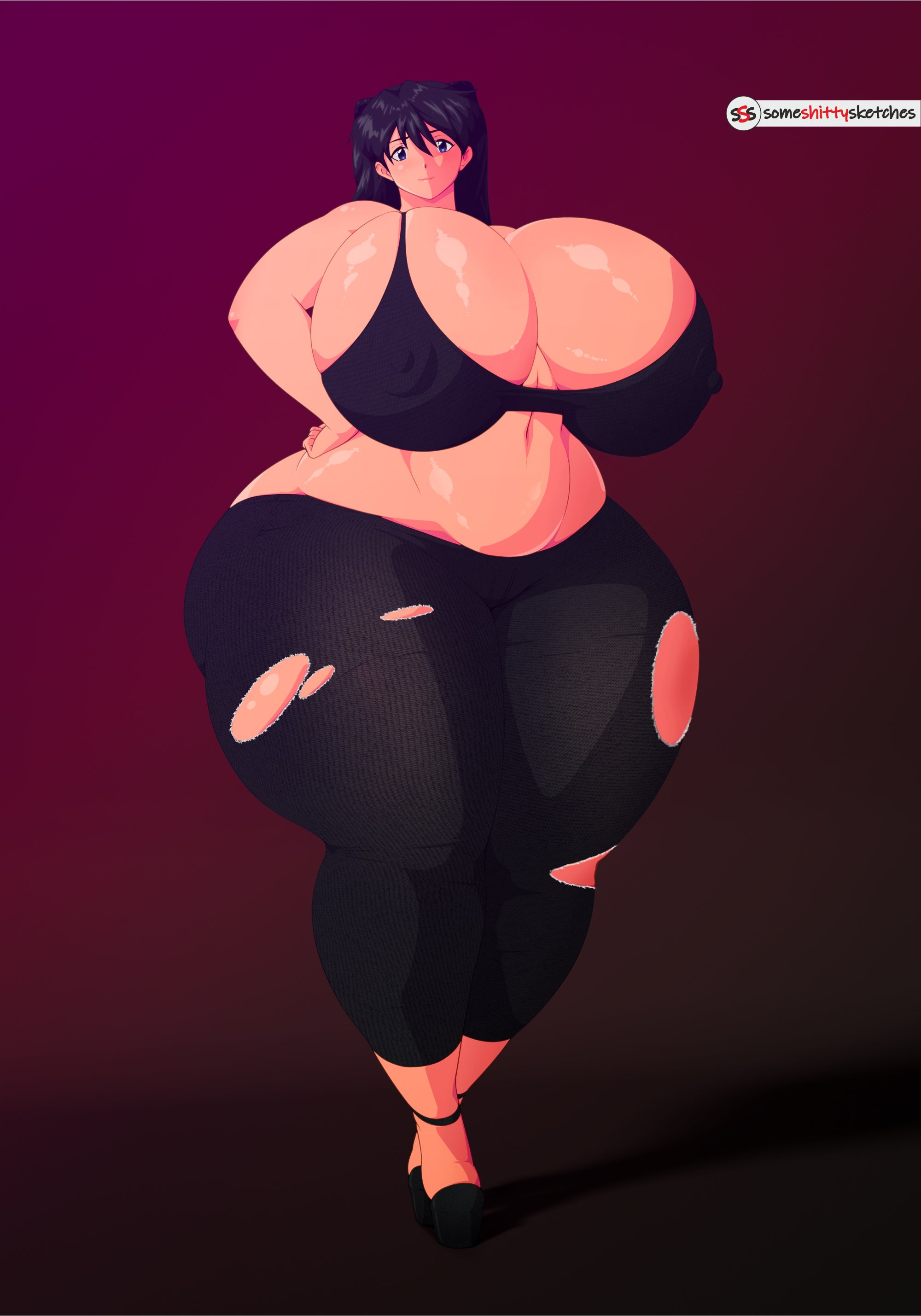 1girls, absurd res, asuka langley sohryu, big breasts, black bra, black clothing, black hair, black high heels, black pants, bra, breasts, cleavage, clothed, clothing, curvy figure, digital media (artwork), female, female only, gigantic breasts, goth, hair, hi res, high heels, huge breasts, large breasts, looking at viewer, massive breasts, neon genesis evangelion, nipple outline, pants, platform heels, simple background, solo, someshittysketches, thick thighs, tight clothing, venus body, voluptuous, watermark, wide hips