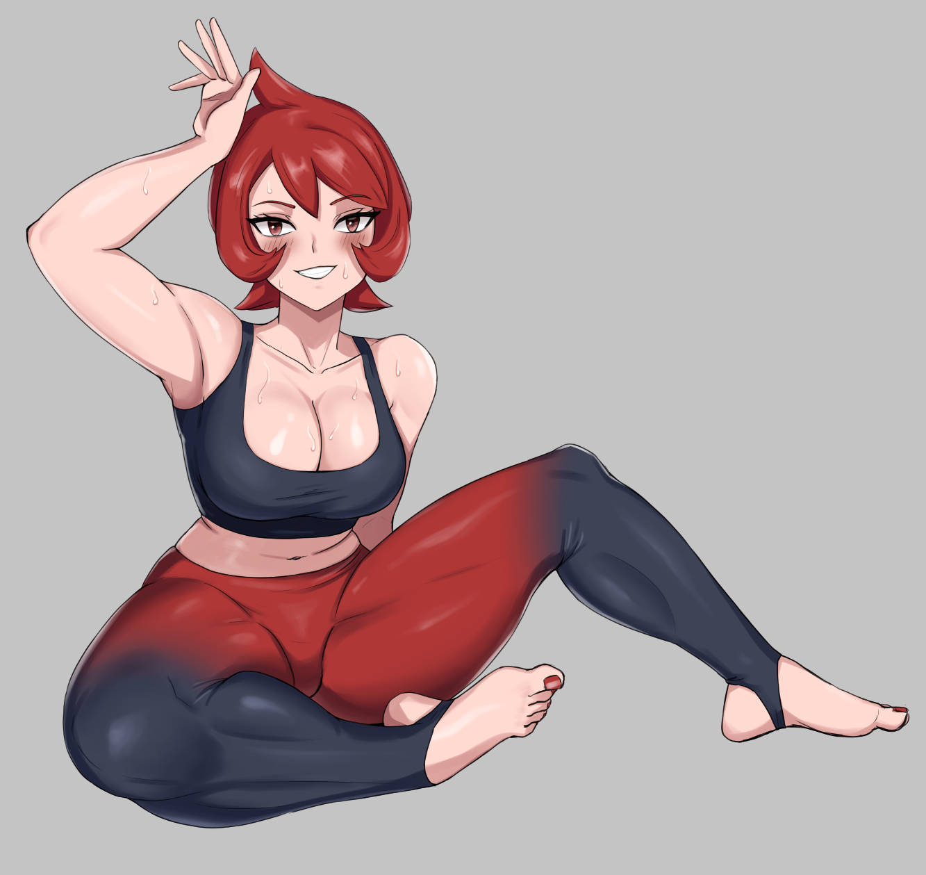 arezu (pokemon), big breasts, breasts, eye contact, female, grey background, looking at viewer, nintendo, pokemon, pokemon legends: arceus, red eyes, red hair, shadertoons, short hair, solo, thick thighs, thighs, tight clothing, yoga pants