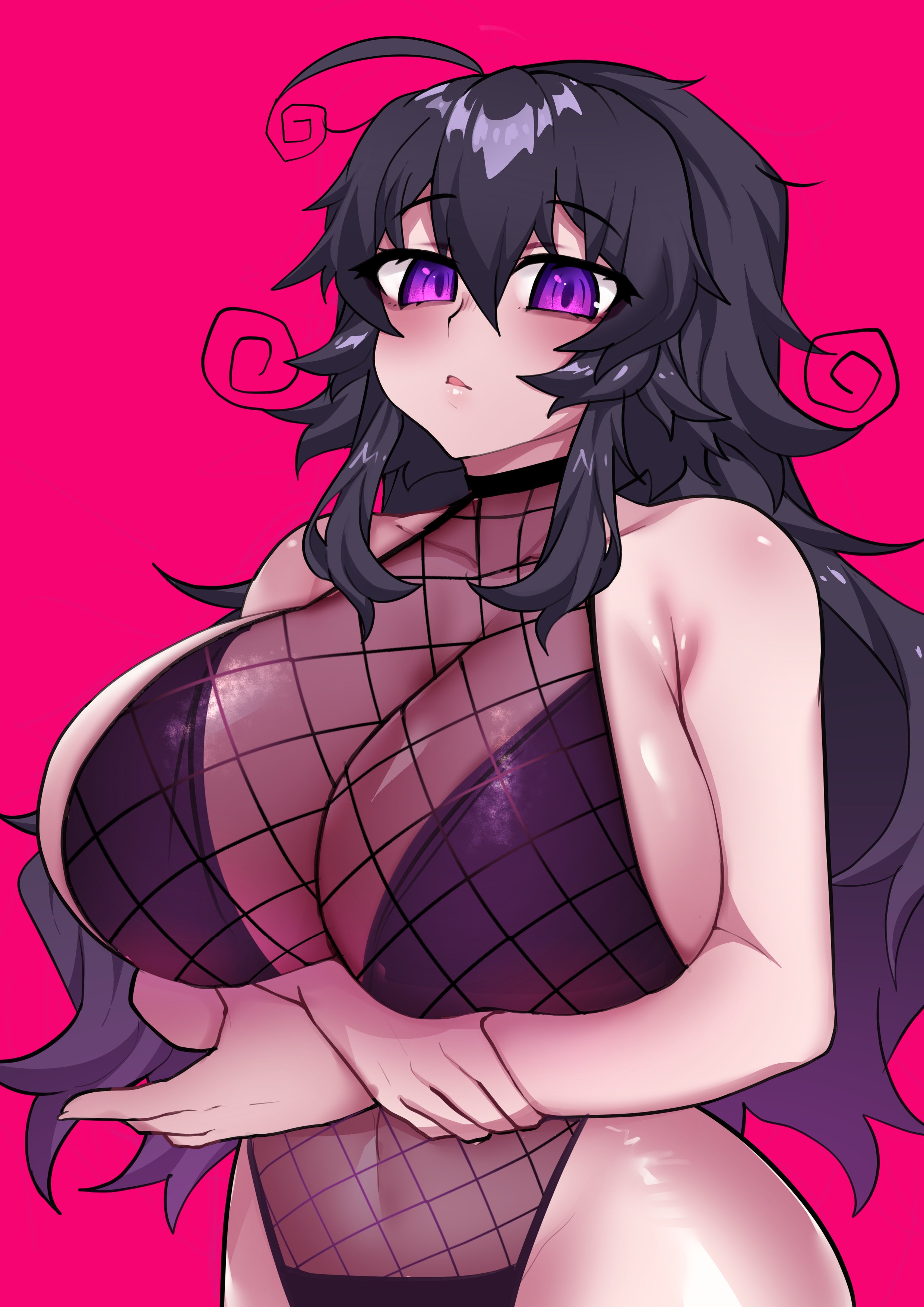 1girls, 2022, ahoge, arms under breasts, black hair, blush, breasts, cleavage, crawling dreams, female, female only, fishnet leotard, fishnets, folded arms, hi res, highleg leotard, hips, huge breasts, leotard, long hair, messy hair, nyarla (crawling dreams), osiimi, purple background, purple clothing, purple eyes, purple leotard, simple background, slim waist, wide hips