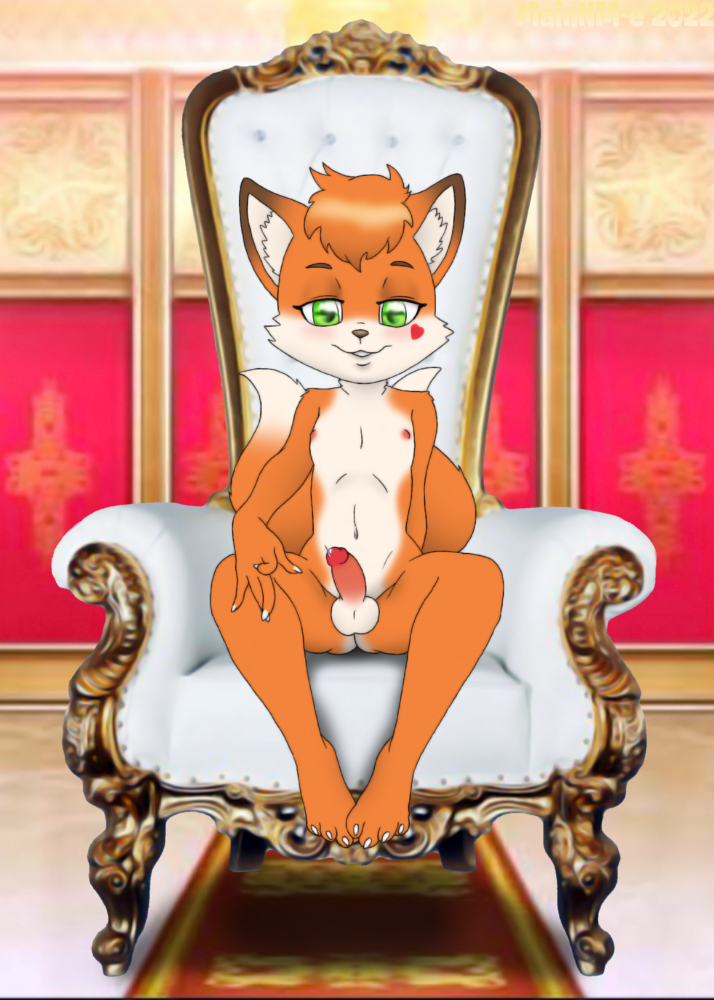 erection femboy fox furry looking_at_viewer mainnm-e oc precum sitting throne vulpine