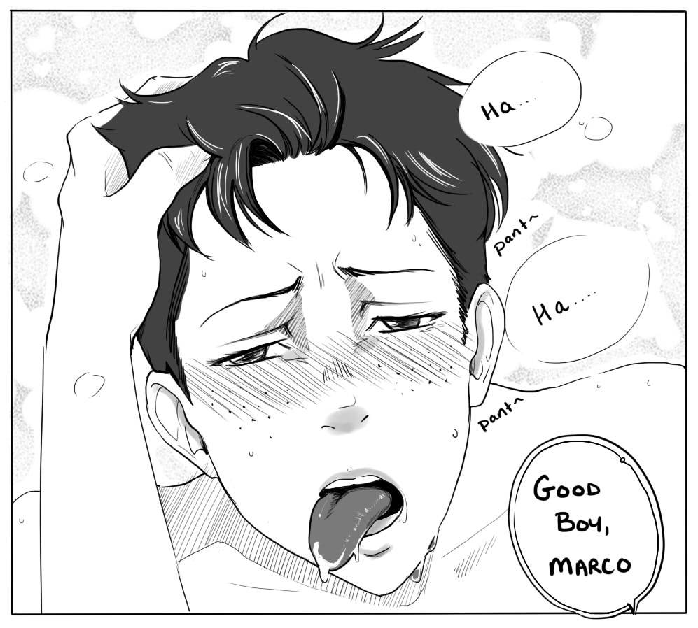 1boy attack_on_titan black_hair blush freckles good_boy marco_bodt orgasm_face panting pleasure_face praising shingeki_no_kyojin tongue_out