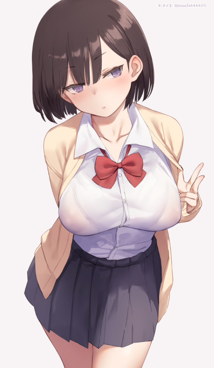 bangs black_skirt bow bowtie breasts brown_hair buttons collarbone commentary_request eyebrows_visible_through_hair female female grey_background highres large_breasts looking_to_the_side mochi_(mochi444420) original pleated_skirt purple_eyes red_bow red_bowtie school_uniform see-through see-through_shirt shirt short_hair simple_background skirt solo thighs twitter_username white_shirt