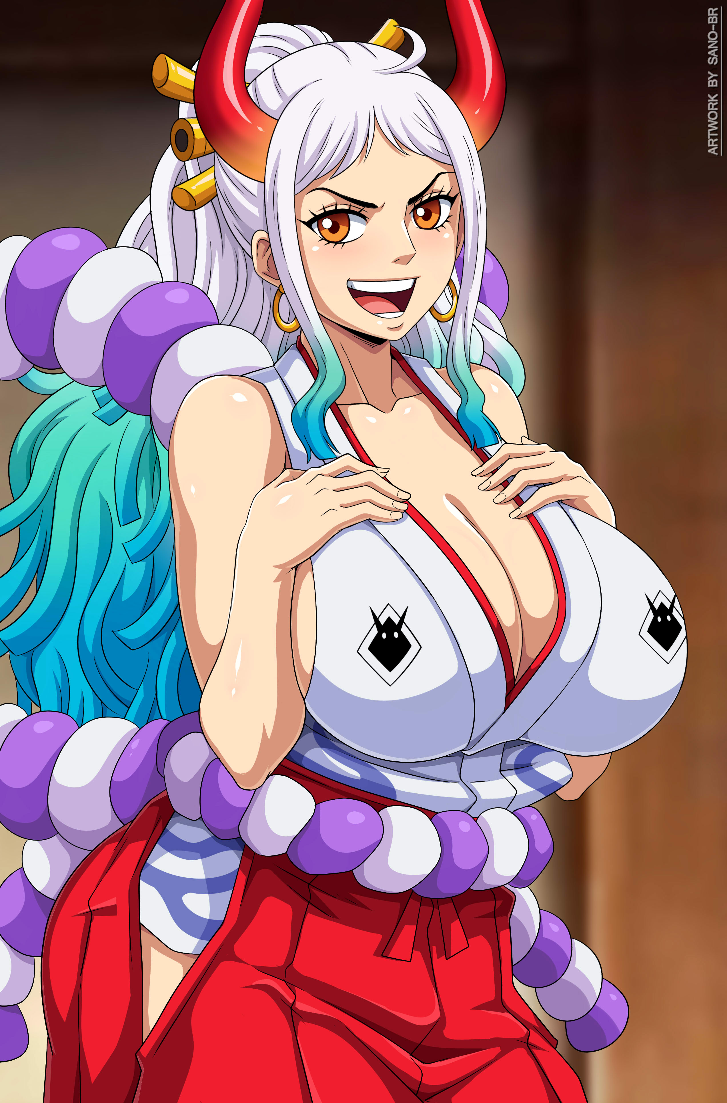 1girls, absurd res, bangs, bare shoulders, big breasts, blue hair, breasts, brown eyes, cleavage, clothed, clothing, curvaceous, curvy, curvy figure, demon horns, ear piercing, earrings, eye contact, eyelashes, female, female only, fully clothed, gradient hair, hair ornament, hakama, hands on breasts, hi res, high resolution, highres, hoop earrings, horned humanoid, horns, hourglass figure, huge breasts, humanoid, japanese clothes, large breasts, light skin, light-skinned female, long hair, looking at viewer, multicolored hair, off shoulder, one piece, oni, oni female, oni horns, open mouth, open smile, orange eyes, revealing clothes, sano-br, shounen jump, sideboob, sidelocks, simple background, solo, solo female, standing, tongue, two-tone hair, upper body, upper teeth, v-shaped eyebrows, white hair, white-haired female, wide eyed, wide hips, yamato (one piece)