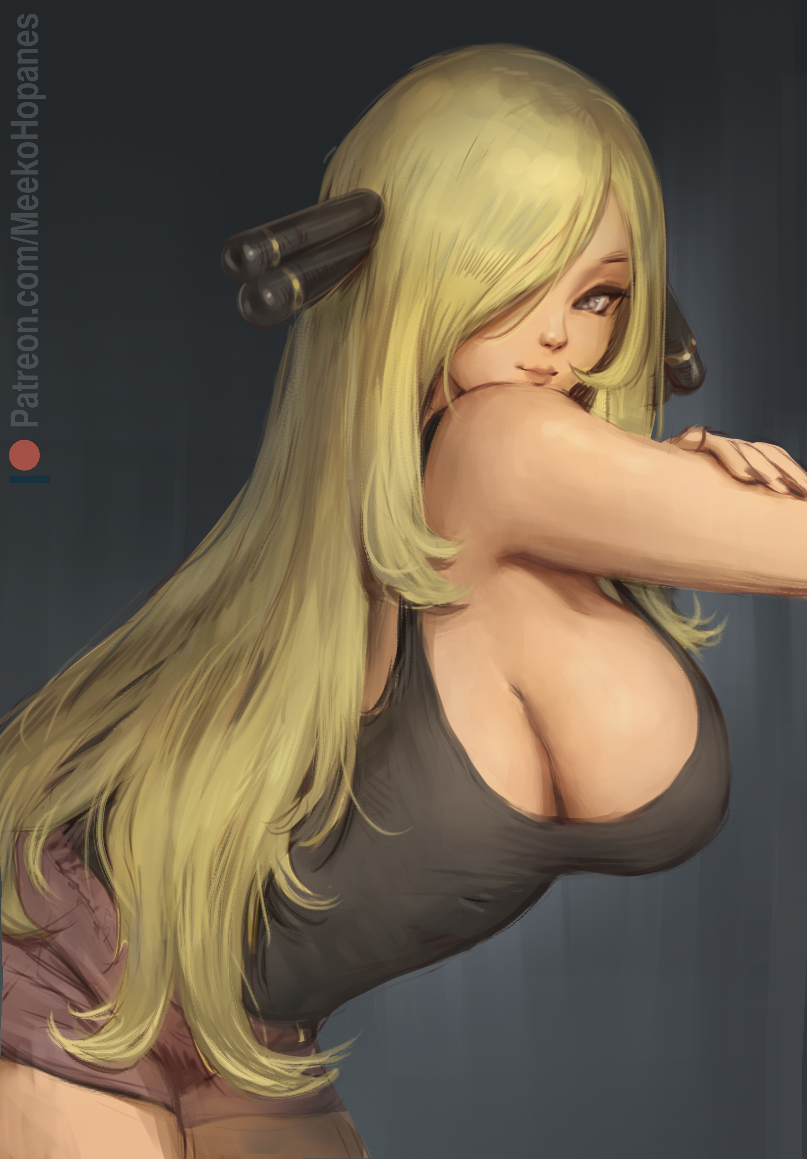 1girls, 2022, alternate breast size, artist signature, black tank top, blonde hair, booty shorts, breasts, clothed, cynthia (pokemon), female, female only, grey eyes, hair ornament, hair over one eye, hi res, huge breasts, large breasts, long hair, looking at viewer, meekohopanes, nintendo, pokemon, pokemon dppt, short shorts, shorts, side view, sideboob, simple background, smile, tank top