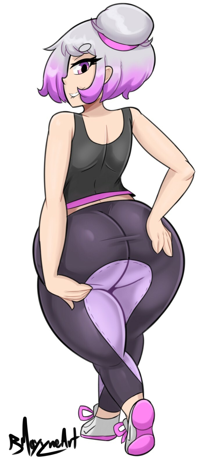 1boy, ass, ass focus, ass grab, back view, big ass, big ass (male), bmayneart, bubble ass, bubble butt, colored hair, dyed hair, female, femboy, girly, hair bun, hands on ass, leggings, light skin, light-skinned femboy, looking back, lylac (bmayneart), male, original, original character, purple hair, sissy, smile, sneakers, sportswear, tagme, thick thighs, thighs, thin waist, tight clothing, tomgirl, white hair, wide hips