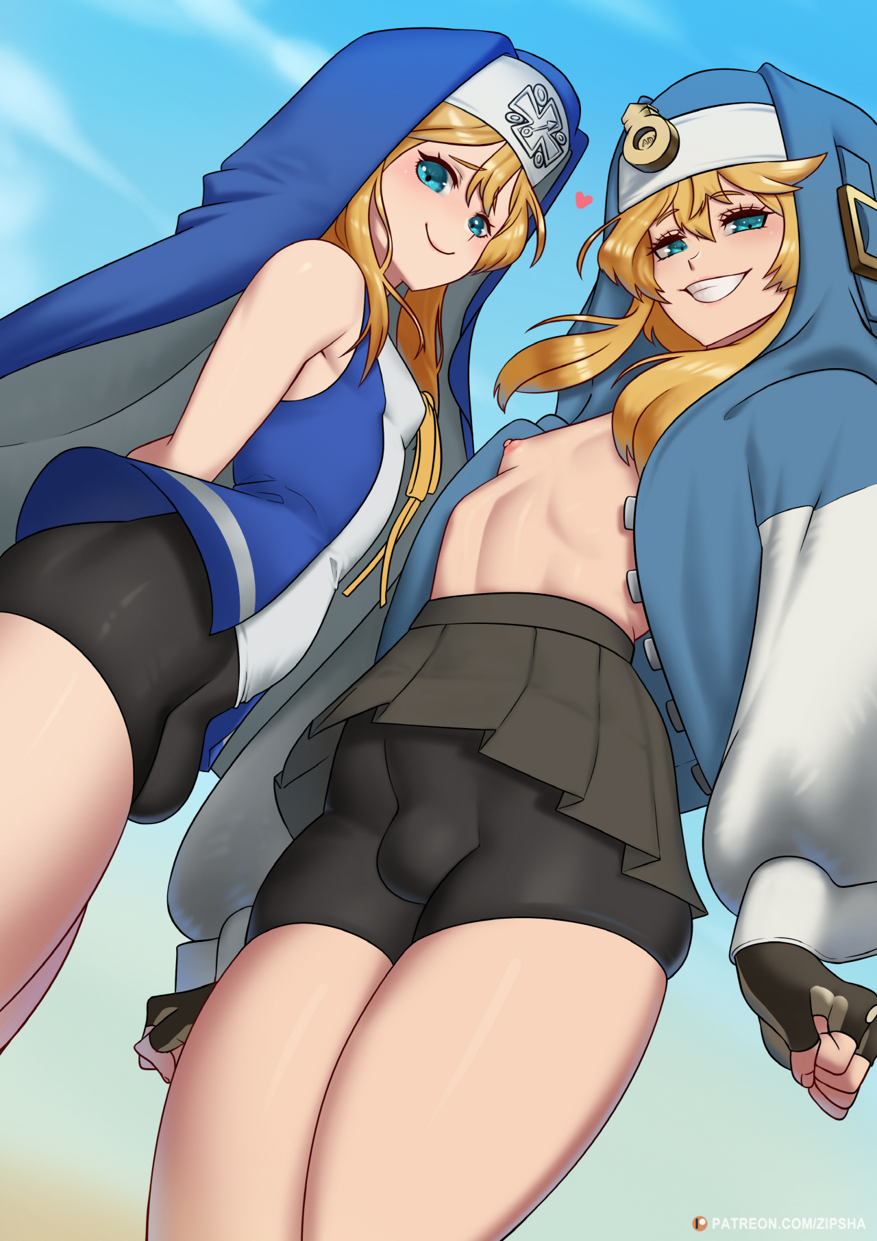 2boys, androgyne symbol, androgynous, balls, bike shorts, blonde hair, blue eyes, bridget, bulge, classic bridget, clothed, clothing, erection, erection under clothes, femboy, fully clothed, guilty gear, guilty gear strive, human, light skin, male, male only, mars symbol, pale skin, penis, shorts, standing, zipsha