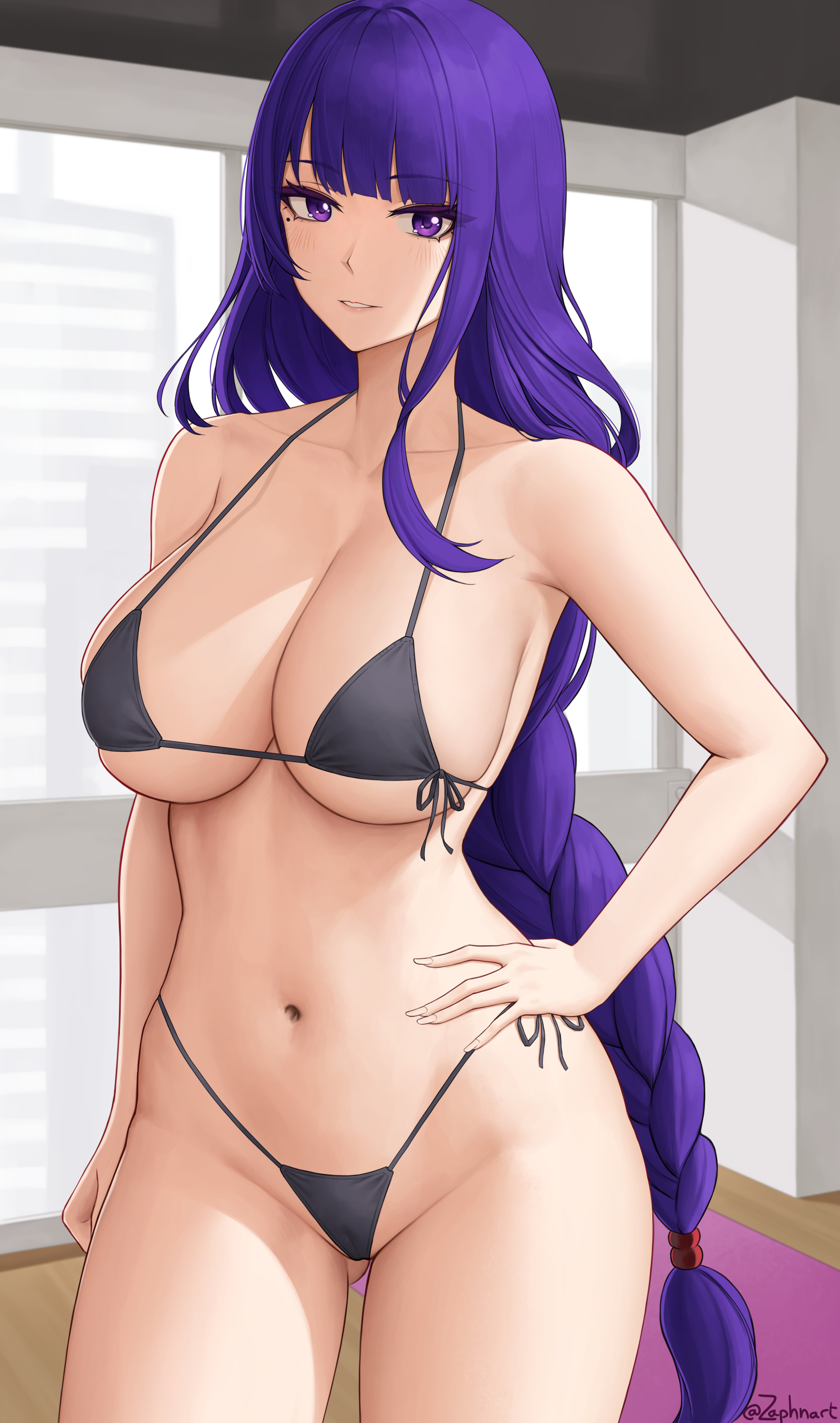 1girls, 2022, alternate costume, belly button, bikini, black bikini, braided hair, breasts, cleavage, female, female only, genshin impact, hand on hip, highres, hips, huge breasts, indoors, long hair, looking at viewer, micro bikini, purple eyes, purple hair, raiden shogun, slim waist, thick thighs, thighs, very long hair, wide hips, zaphn
