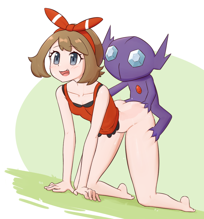 1boy 1girls ambiguous_penetration brown_hair clothing doggy_style female hair_ribbon human interspecies liveactors male may_(pokemon) may_(pokemon_oras) nintendo pale_skin penetration pokemon pokemon_oras pokephilia sableye sex size_difference small_dom_big_sub smaller_male zoophilia